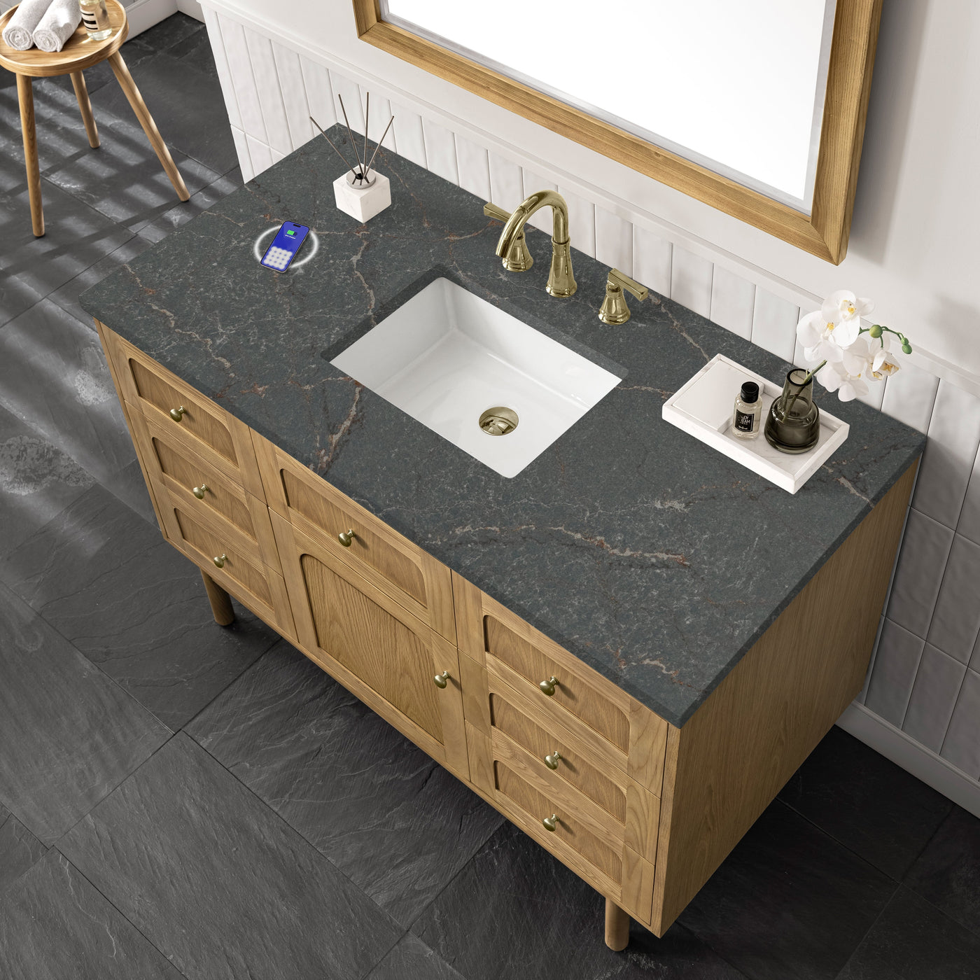 James Martin Laurent 48" Dual Mount Single Bathroom Vanity, Light Natural Oak with Parisien Bleu (FreePower) countertop