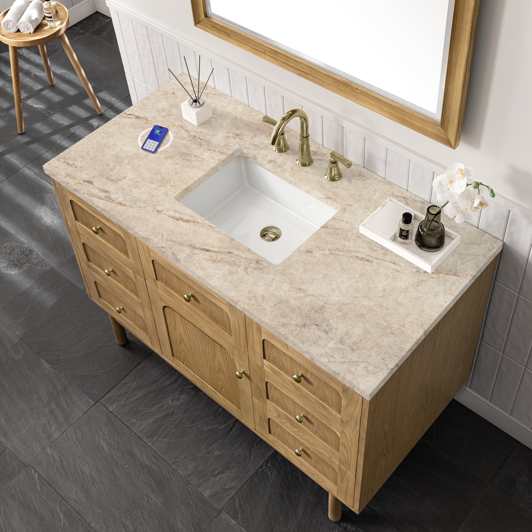 James Martin Laurent 48" Dual Mount Single Bathroom Vanity, Light Natural Oak with Tajnar (FreePower) countertop
