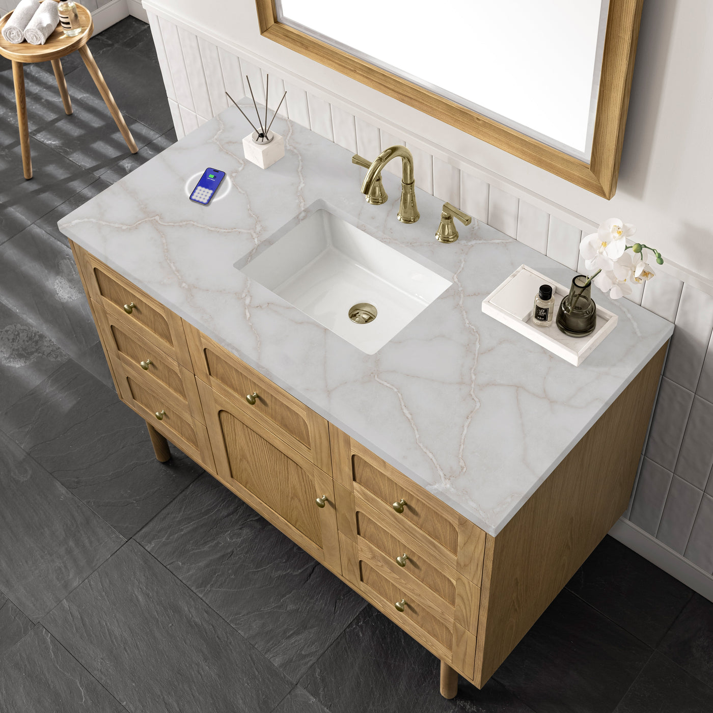 James Martin Laurent 48" Dual Mount Single Bathroom Vanity, Light Natural Oak with Victorian Silver (FreePower) countertop