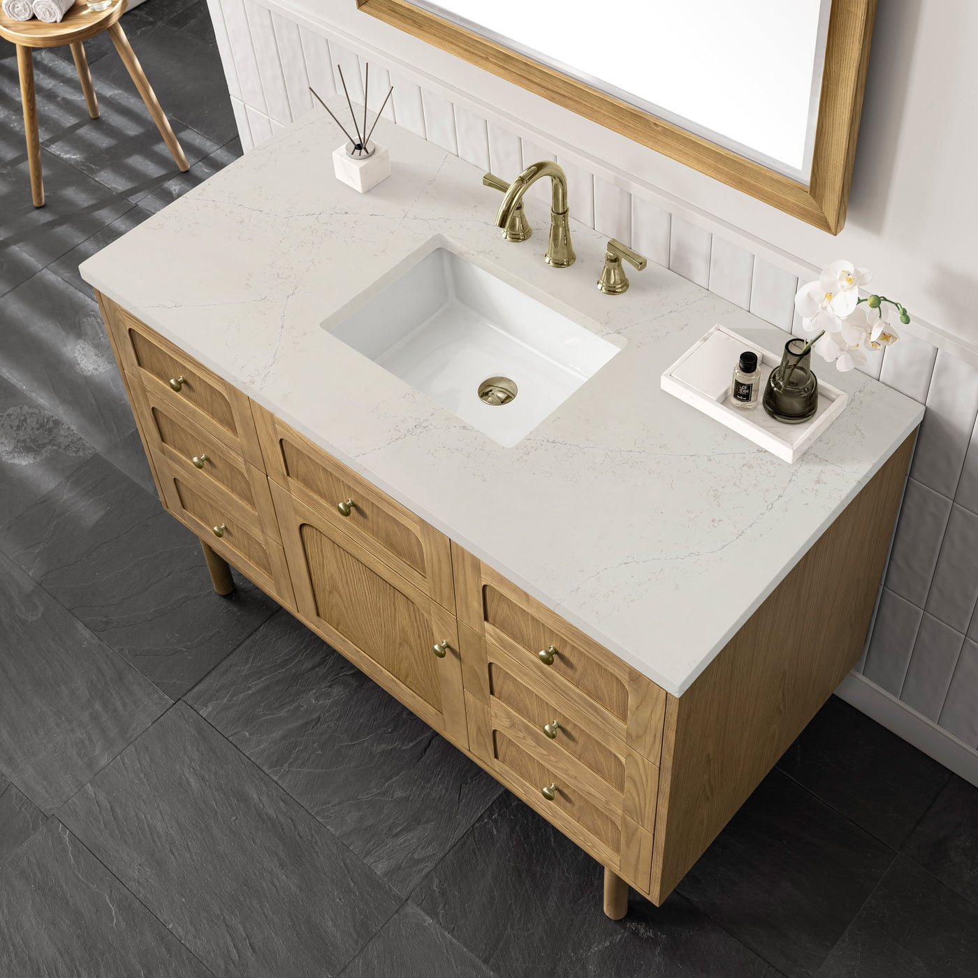 James Martin Laurent 48" Dual Mount Single Bathroom Vanity, Light Natural Oak with Siberian countertop