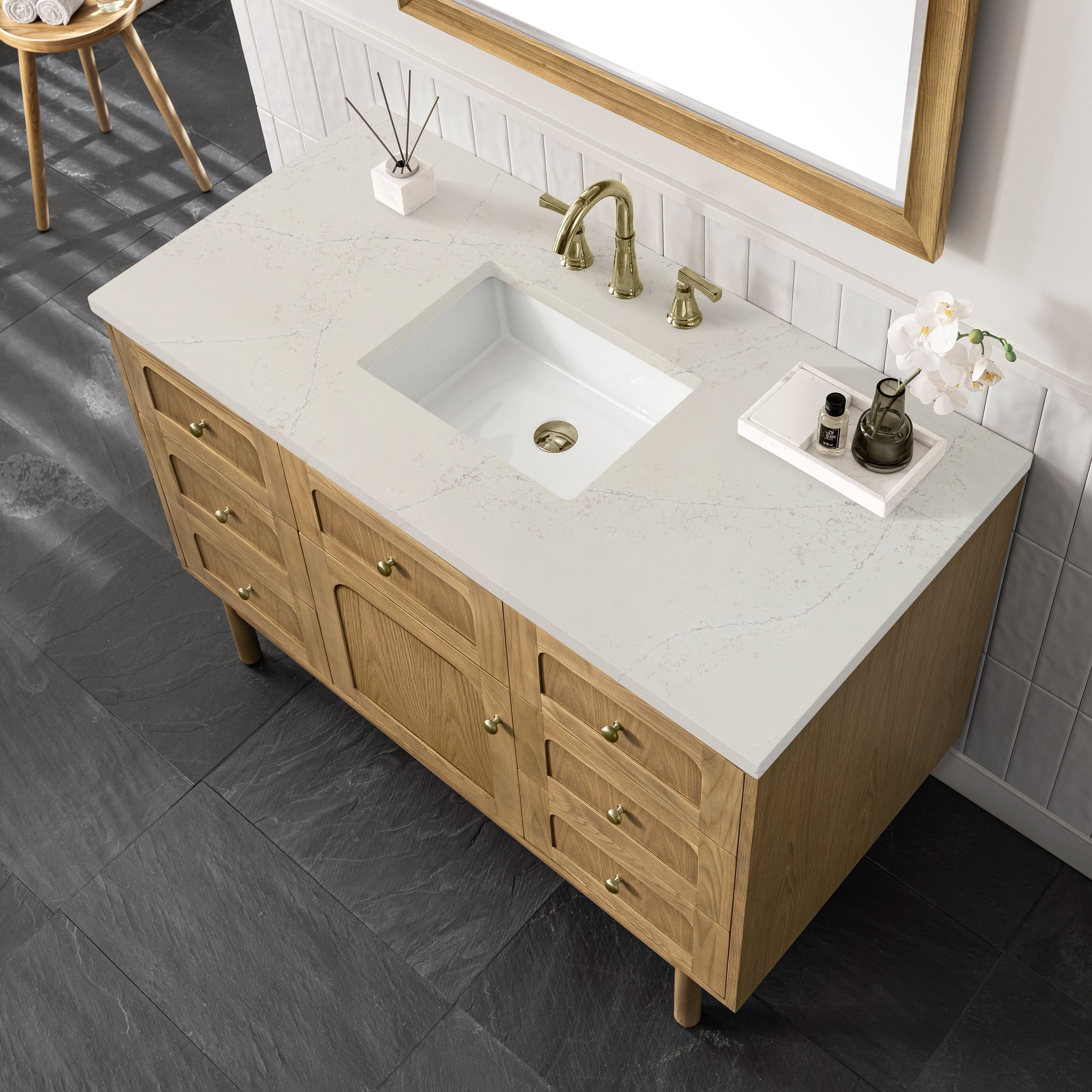 James Martin Laurent 48" Dual Mount Single Bathroom Vanity, Light Natural Oak with Siberian countertop