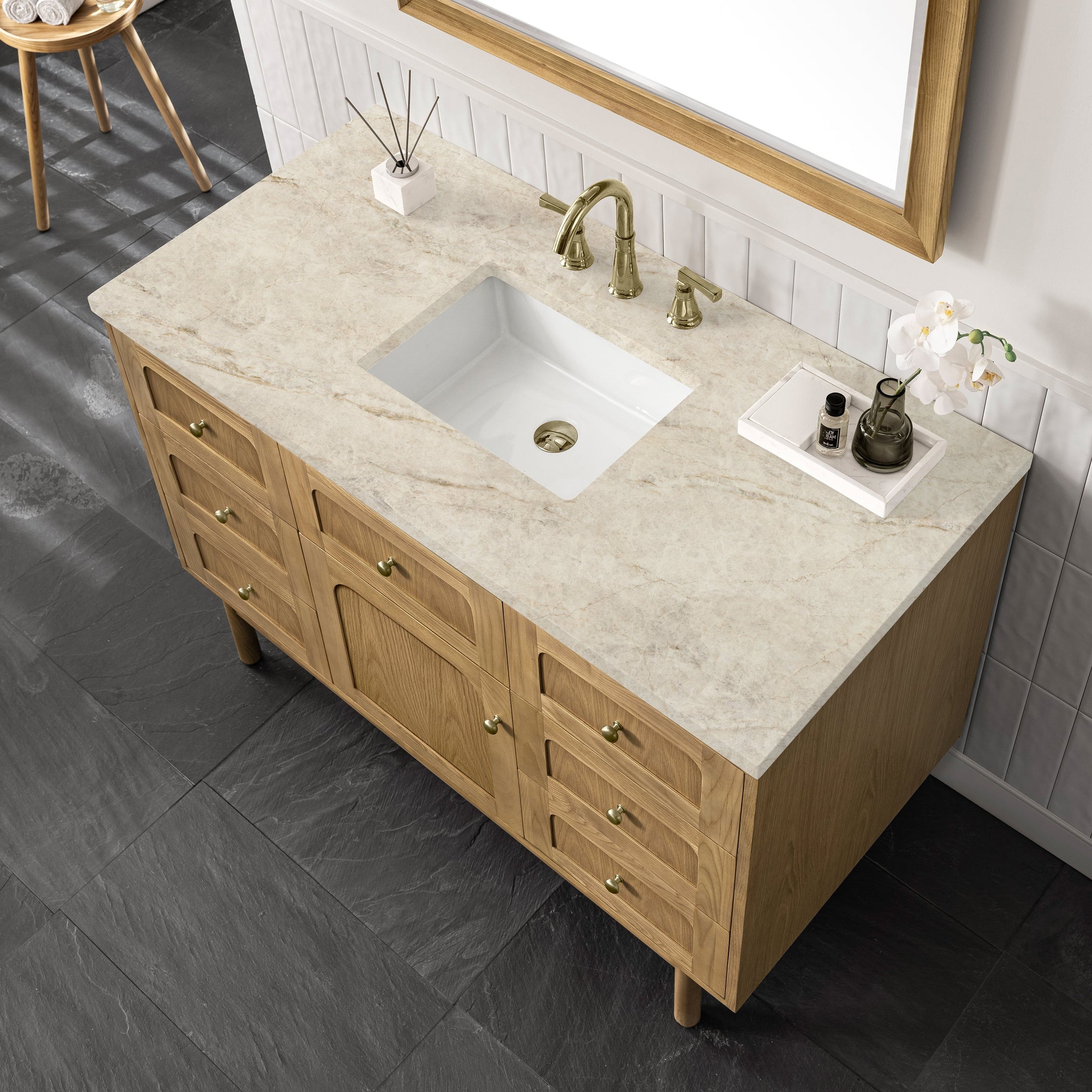 James Martin Laurent 48" Dual Mount Single Bathroom Vanity, Light Natural Oak with Tajnar countertop