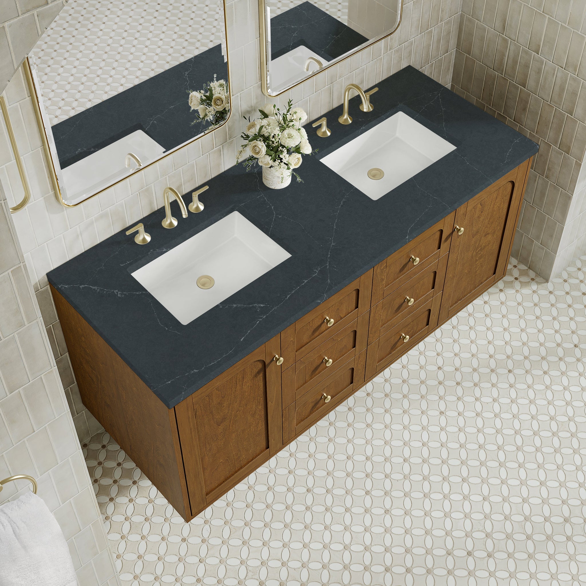 James Martin Laurent 60" Dual Mount Double Bathroom Vanity, Honey Oak with Charcoal Soapstone countertop