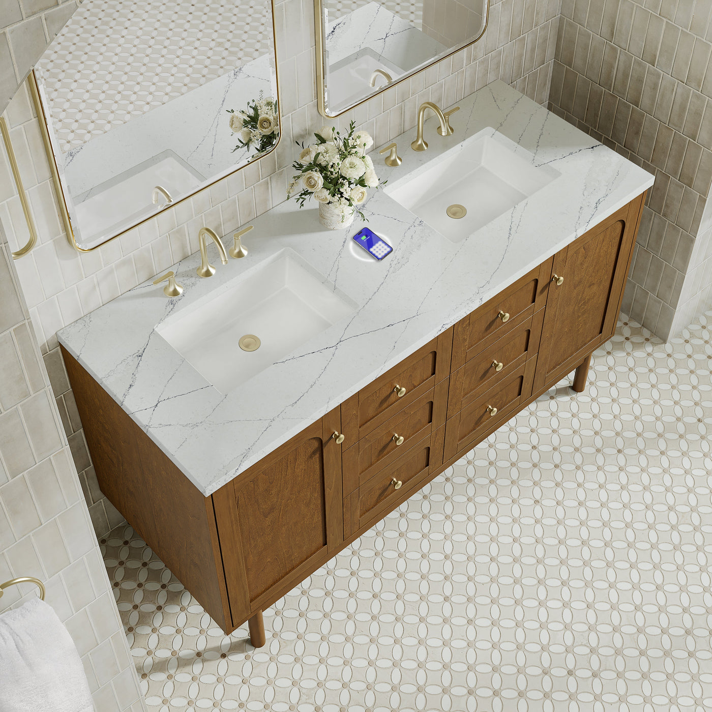 James Martin Laurent 60" Dual Mount Double Bathroom Vanity, Honey Oak with Ethereal Noctis (FreePower) countertop