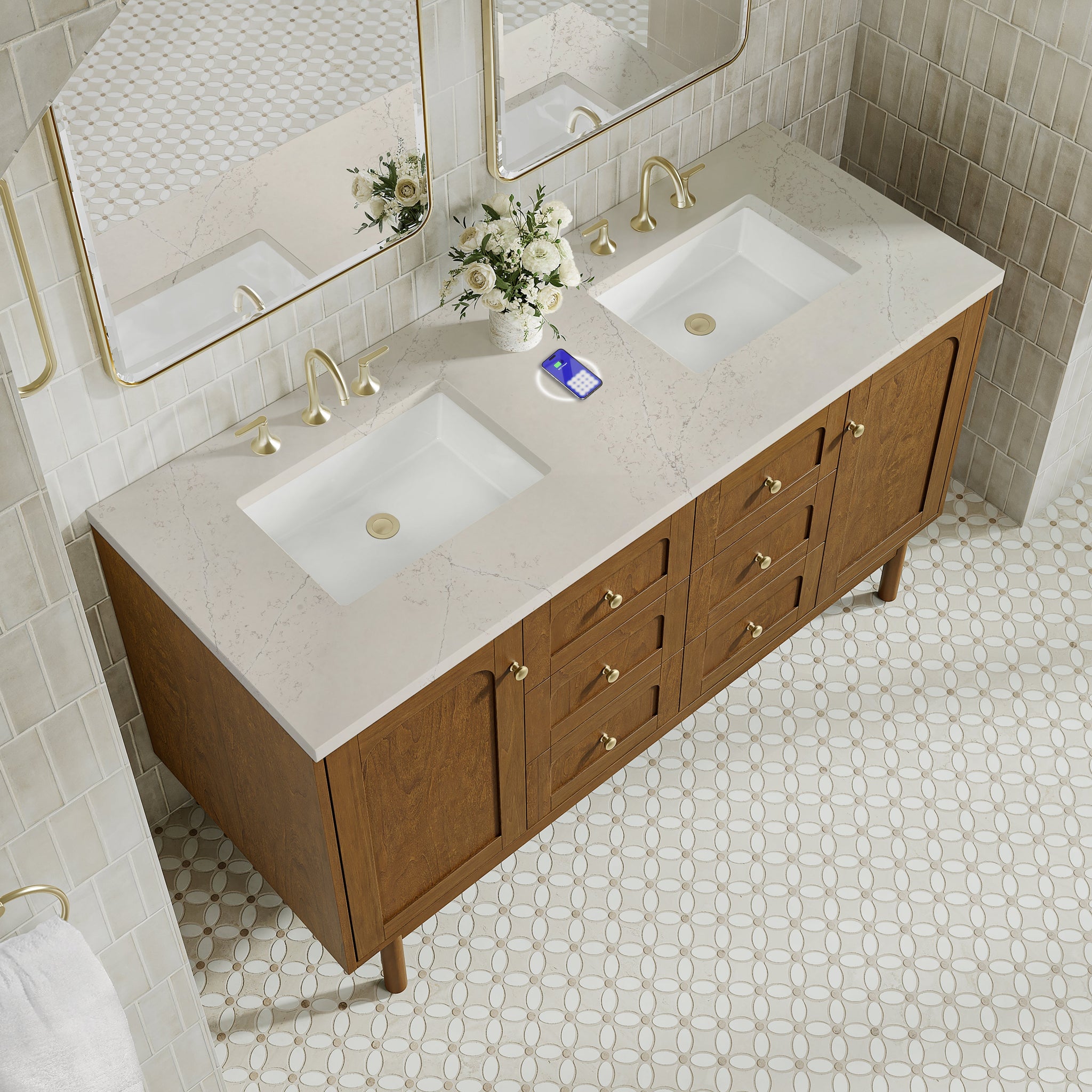 James Martin Laurent 60" Dual Mount Double Bathroom Vanity, Honey Oak with Siberian (FreePower) countertop
