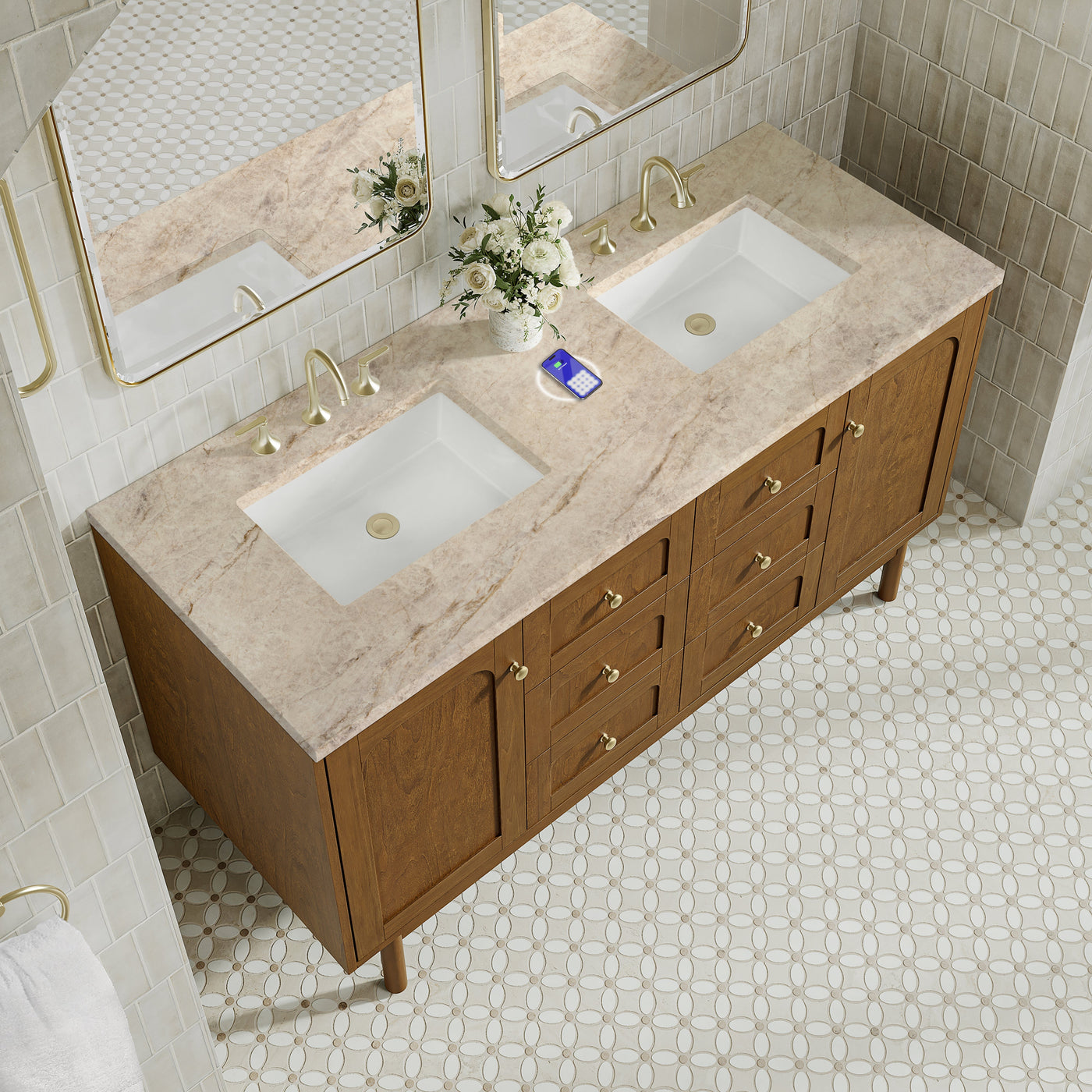 James Martin Laurent 60" Dual Mount Double Bathroom Vanity, Honey Oak with Tajnar (FreePower) countertop