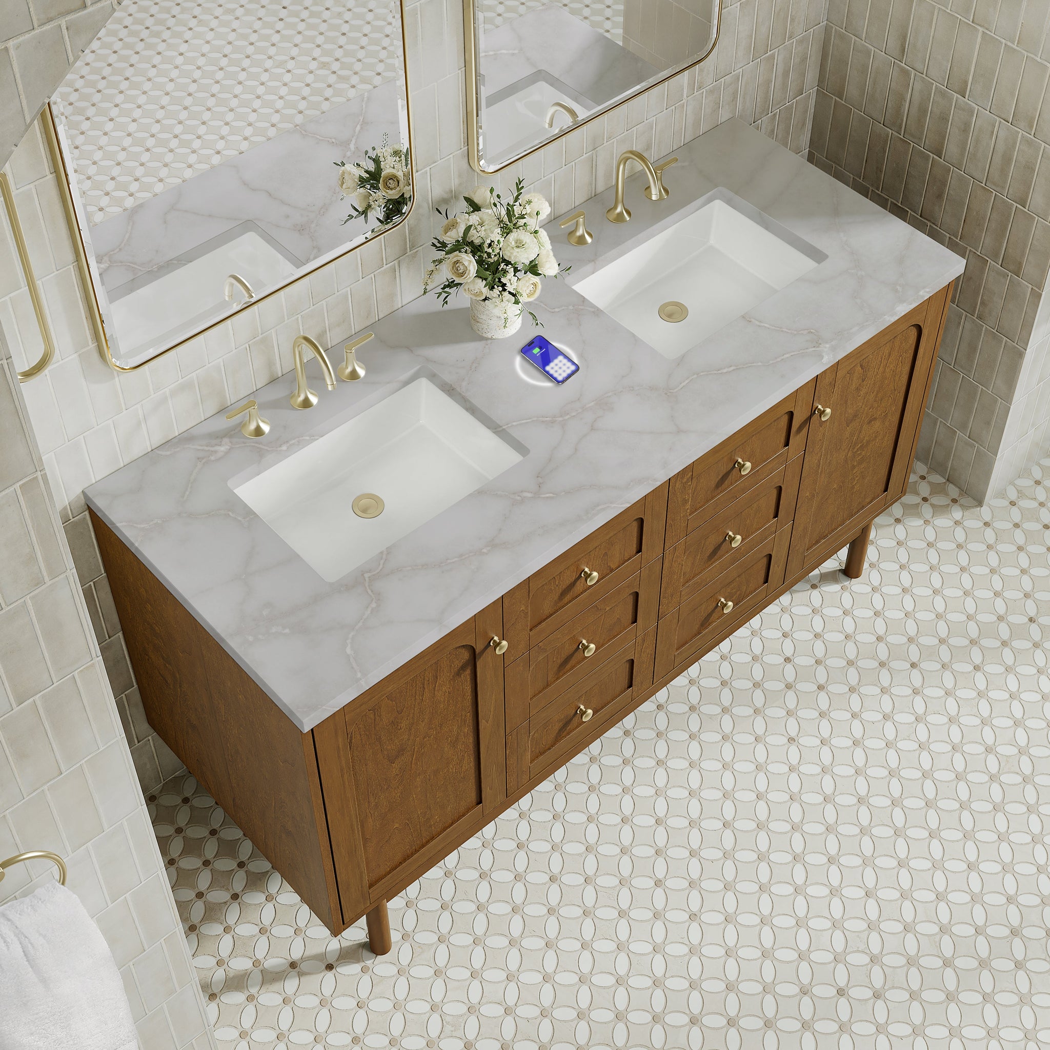 James Martin Laurent 60" Dual Mount Double Bathroom Vanity, Honey Oak with Victorian Silver (FreePower) countertop