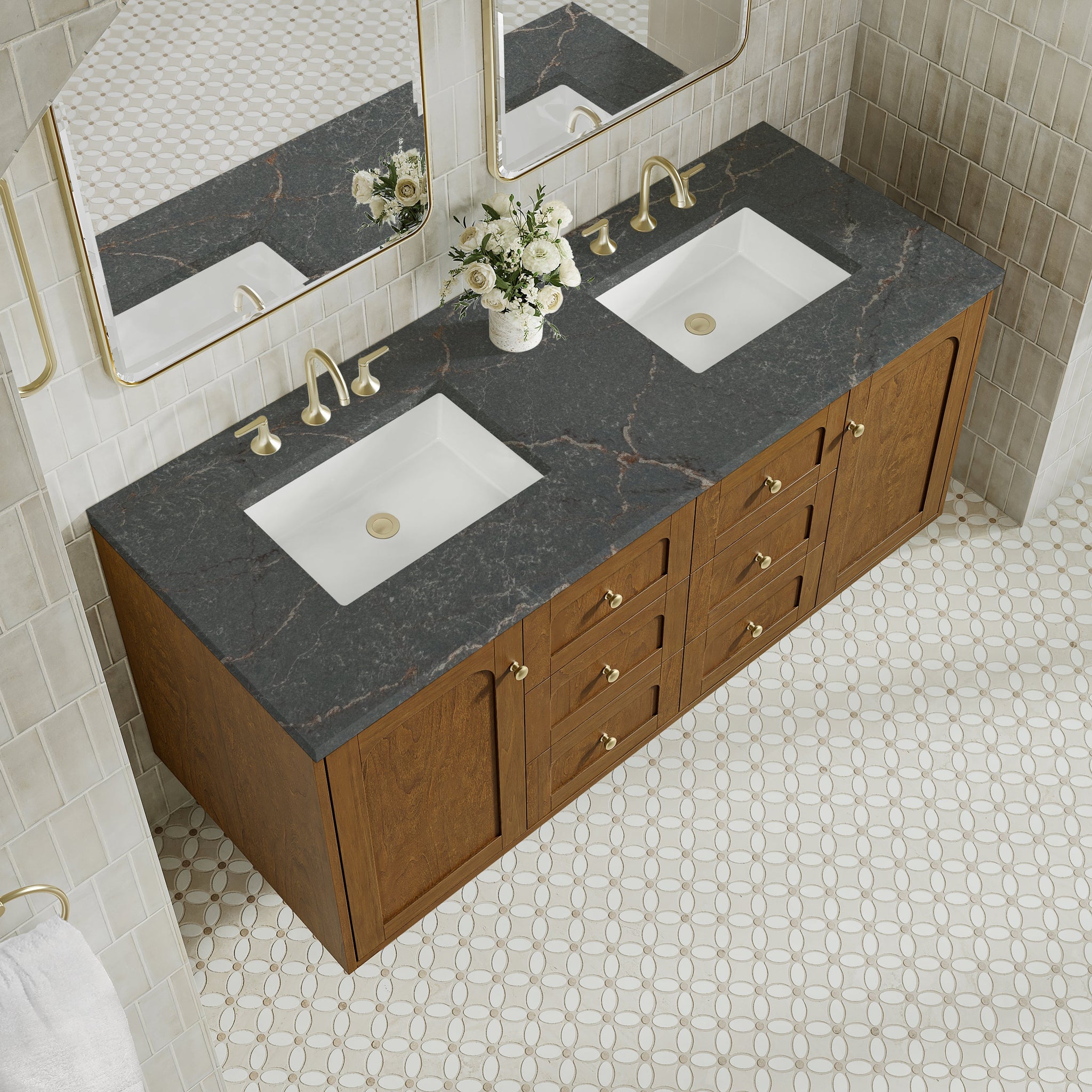 James Martin Laurent 60" Dual Mount Double Bathroom Vanity, Honey Oak with Parisien Bleu countertop