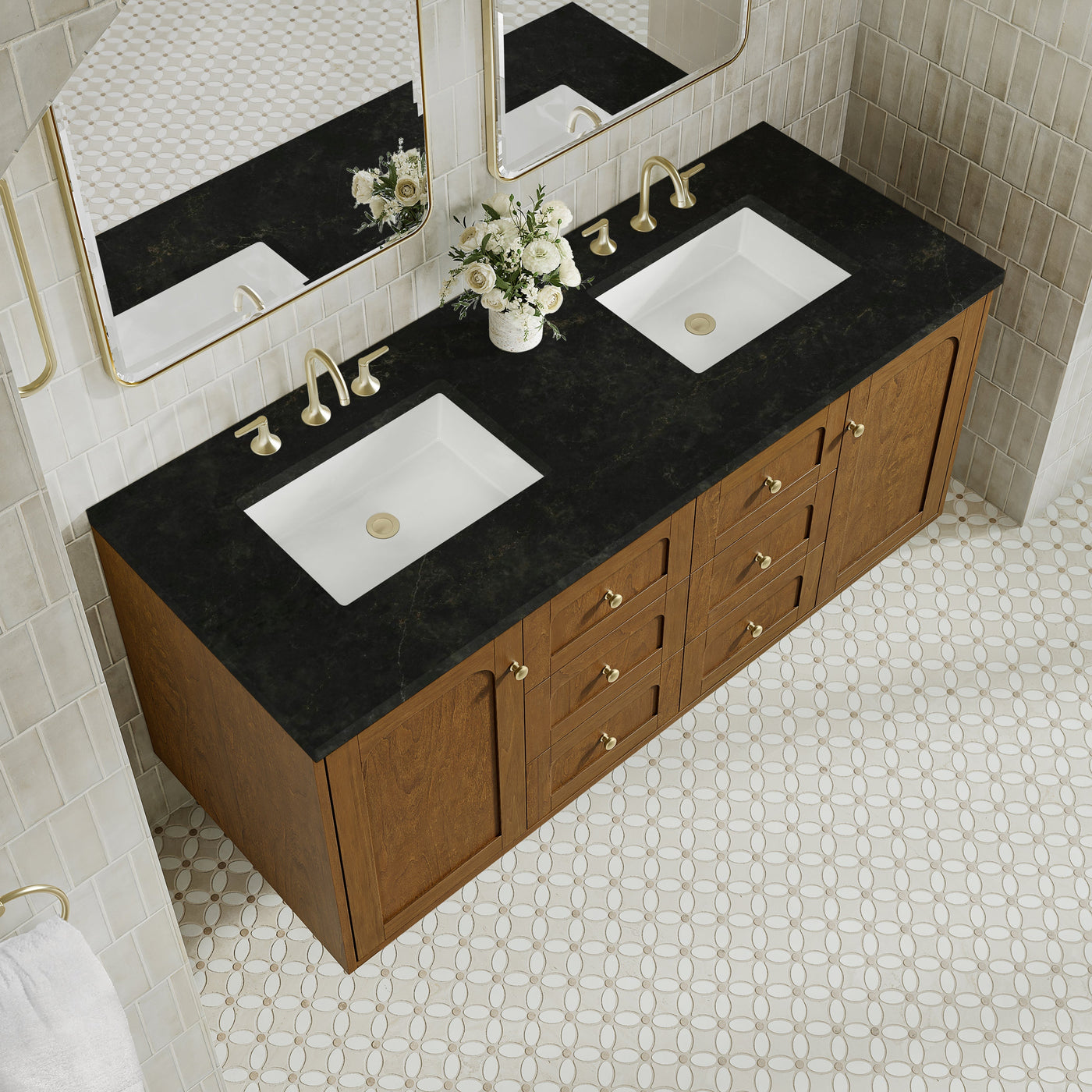 James Martin Laurent 60" Dual Mount Double Bathroom Vanity, Honey Oak with Phantome countertop