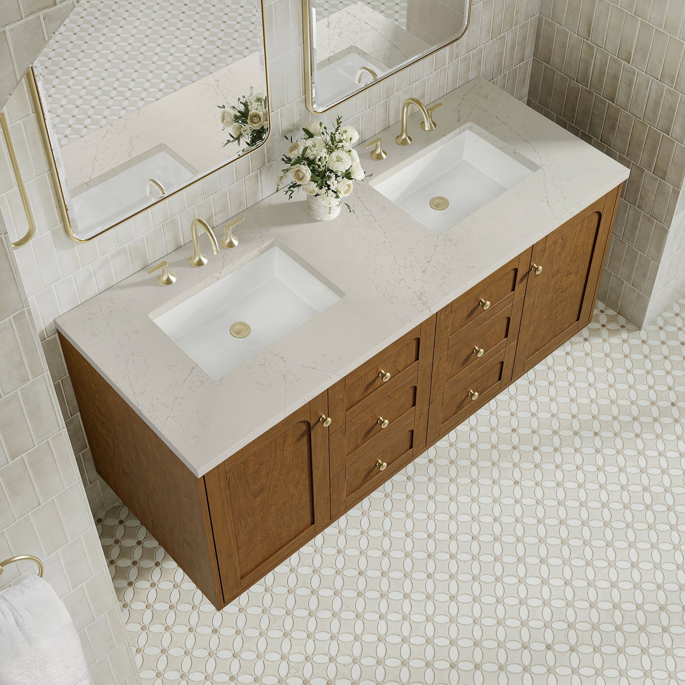 James Martin Laurent 60" Dual Mount Double Bathroom Vanity, Honey Oak with Siberian countertop