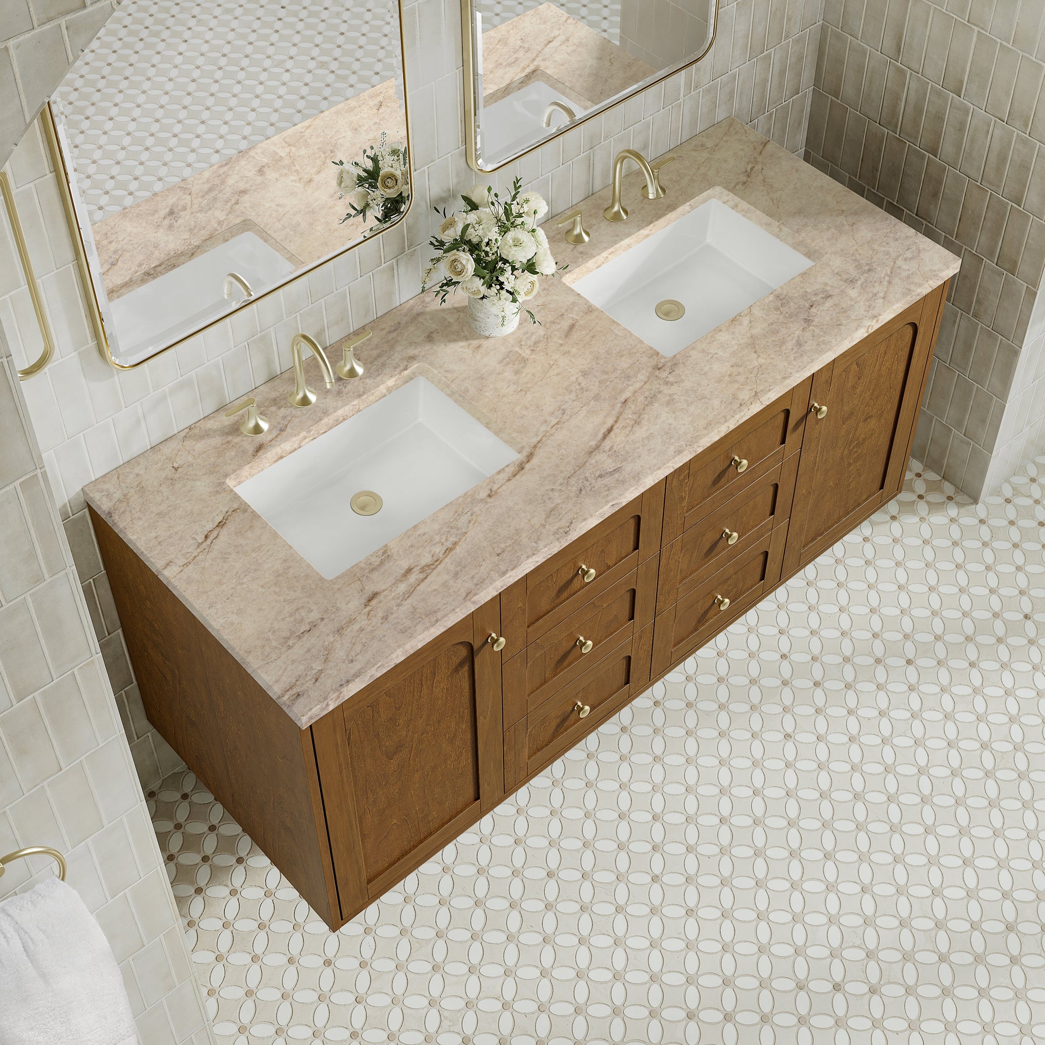 James Martin Laurent 60" Dual Mount Double Bathroom Vanity, Honey Oak with Tajnar countertop