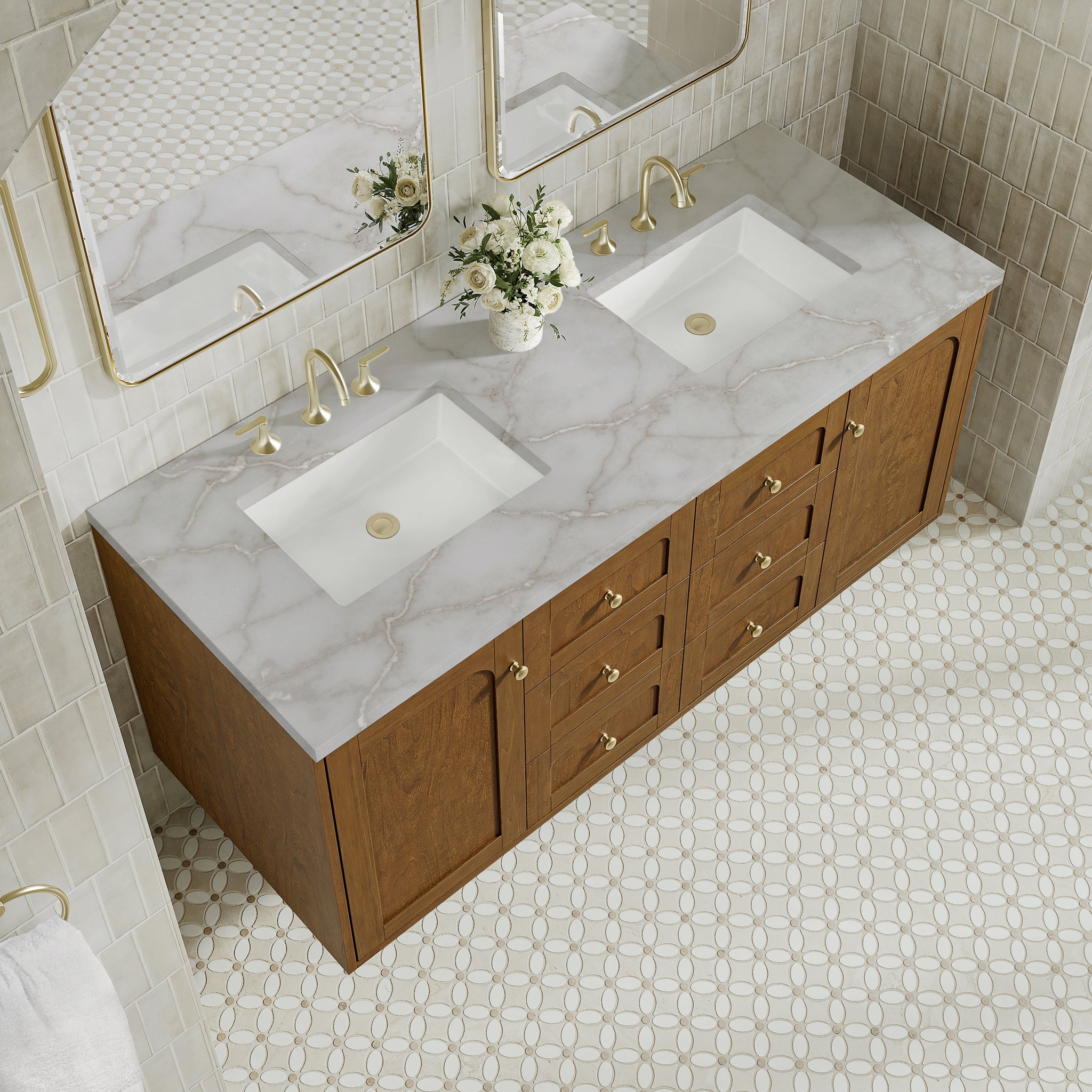 James Martin Laurent 60" Dual Mount Double Bathroom Vanity, Honey Oak with Victorian Silver countertop