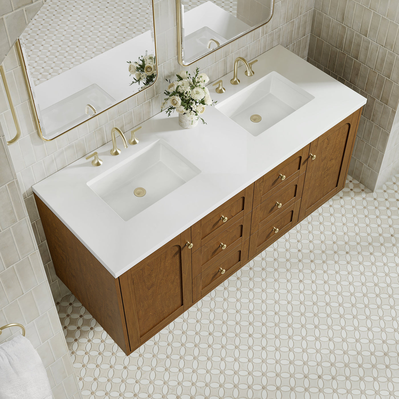 James Martin Laurent 60" Dual Mount Double Bathroom Vanity, Honey Oak with White Zeus countertop