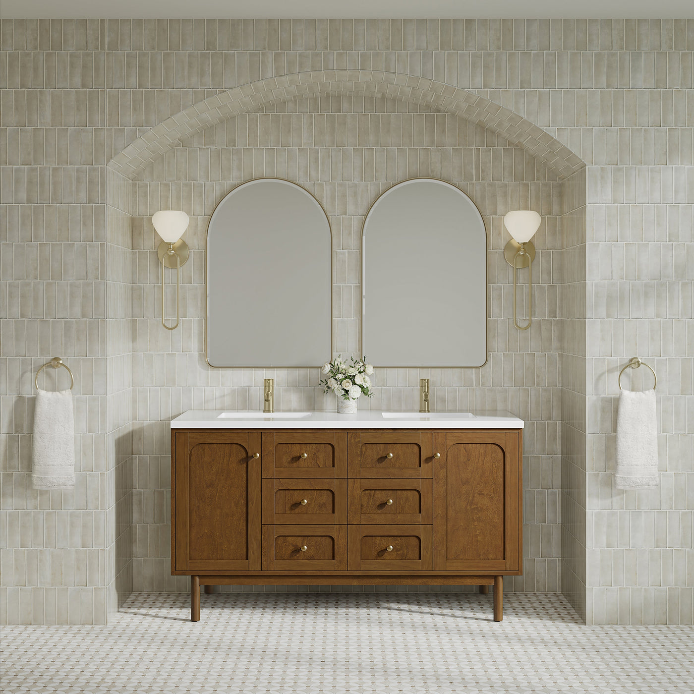 James Martin Laurent 60" Dual Mount Double Bathroom Vanity, Honey Oak with White Zeus (Single Hole) countertop