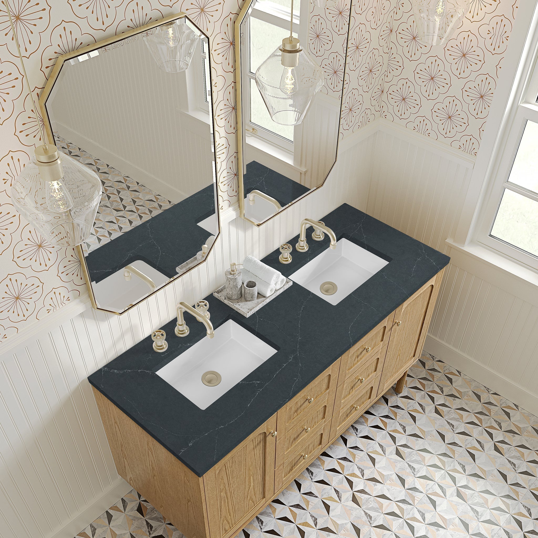 James Martin Laurent 60" Dual Mount Double Bathroom Vanity, Light Natural Oak with Charcoal Soapstone countertop