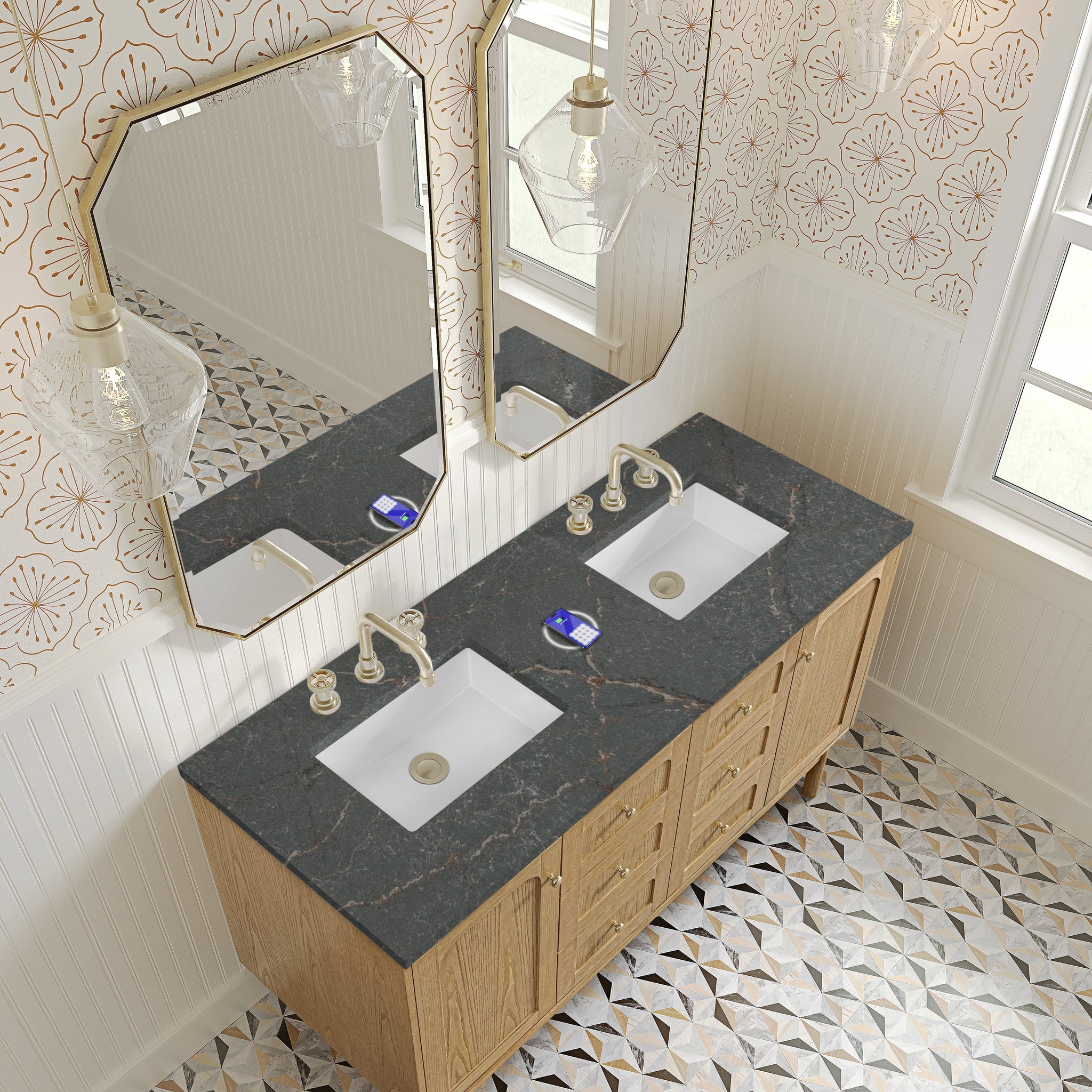 James Martin Laurent 60" Dual Mount Double Bathroom Vanity, Light Natural Oak with Parisien Bleu (FreePower) countertop