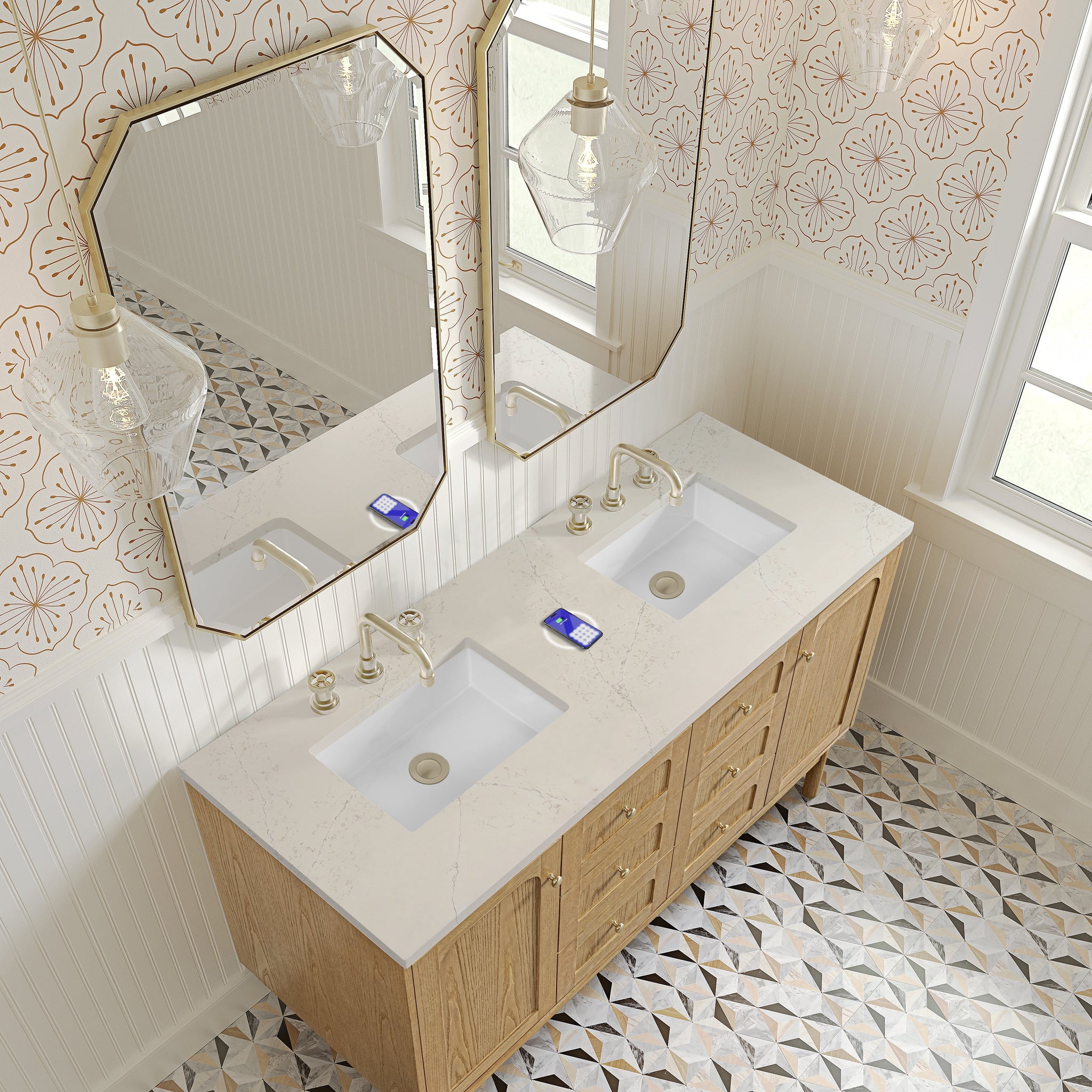 James Martin Laurent 60" Dual Mount Double Bathroom Vanity, Light Natural Oak with Siberian (FreePower) countertop
