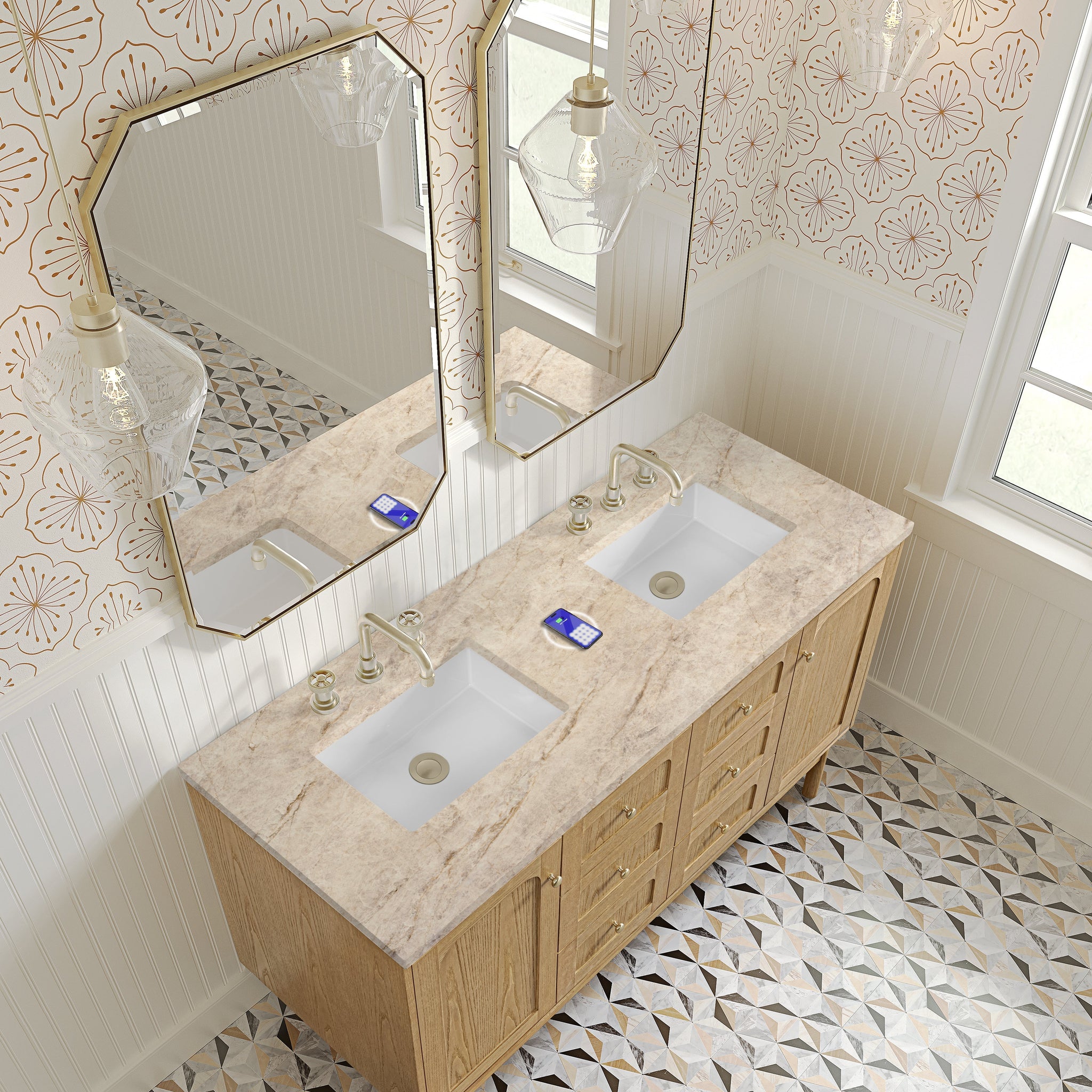 James Martin Laurent 60" Dual Mount Double Bathroom Vanity, Light Natural Oak with Tajnar (FreePower) countertop