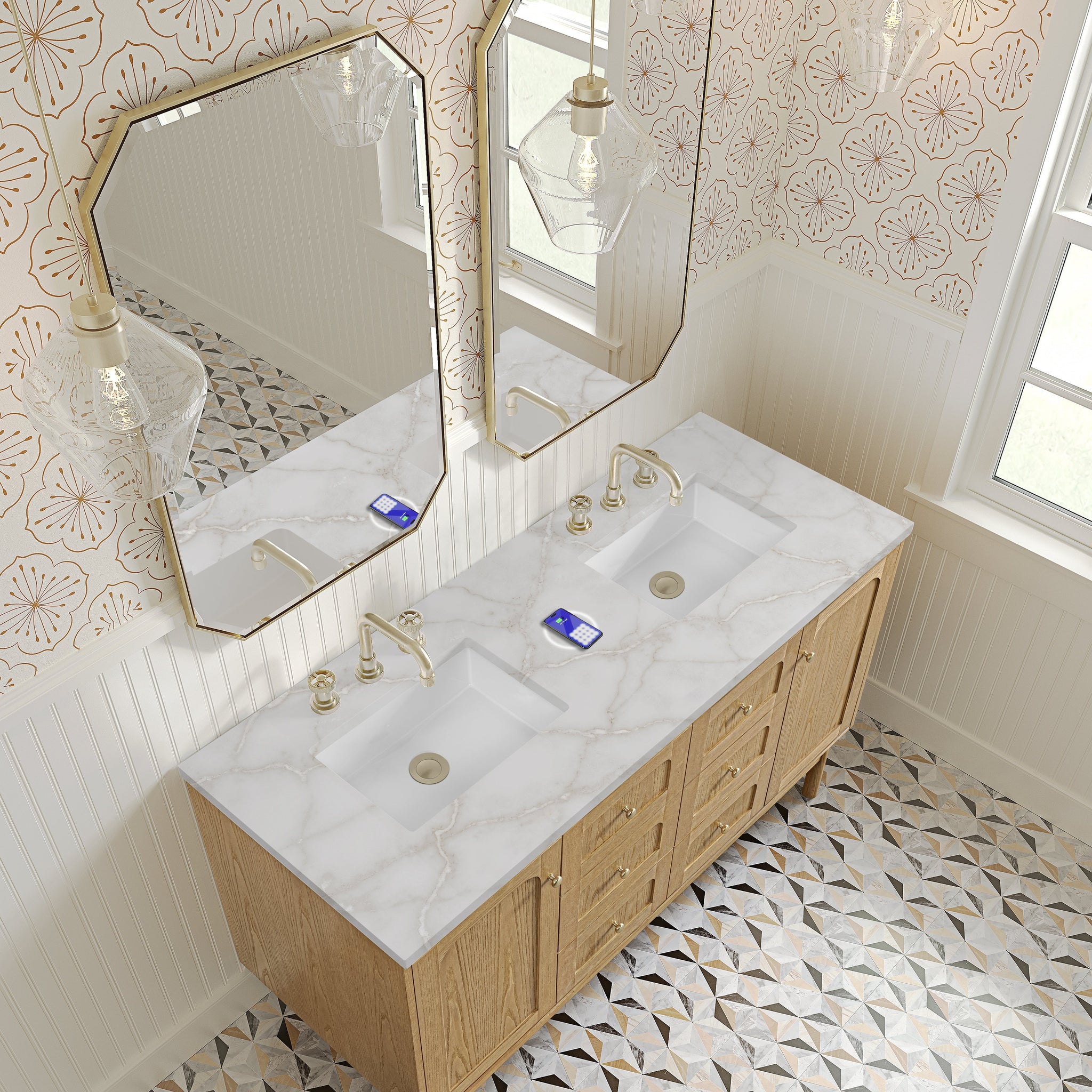 James Martin Laurent 60" Dual Mount Double Bathroom Vanity, Light Natural Oak with Victorian Silver (FreePower) countertop
