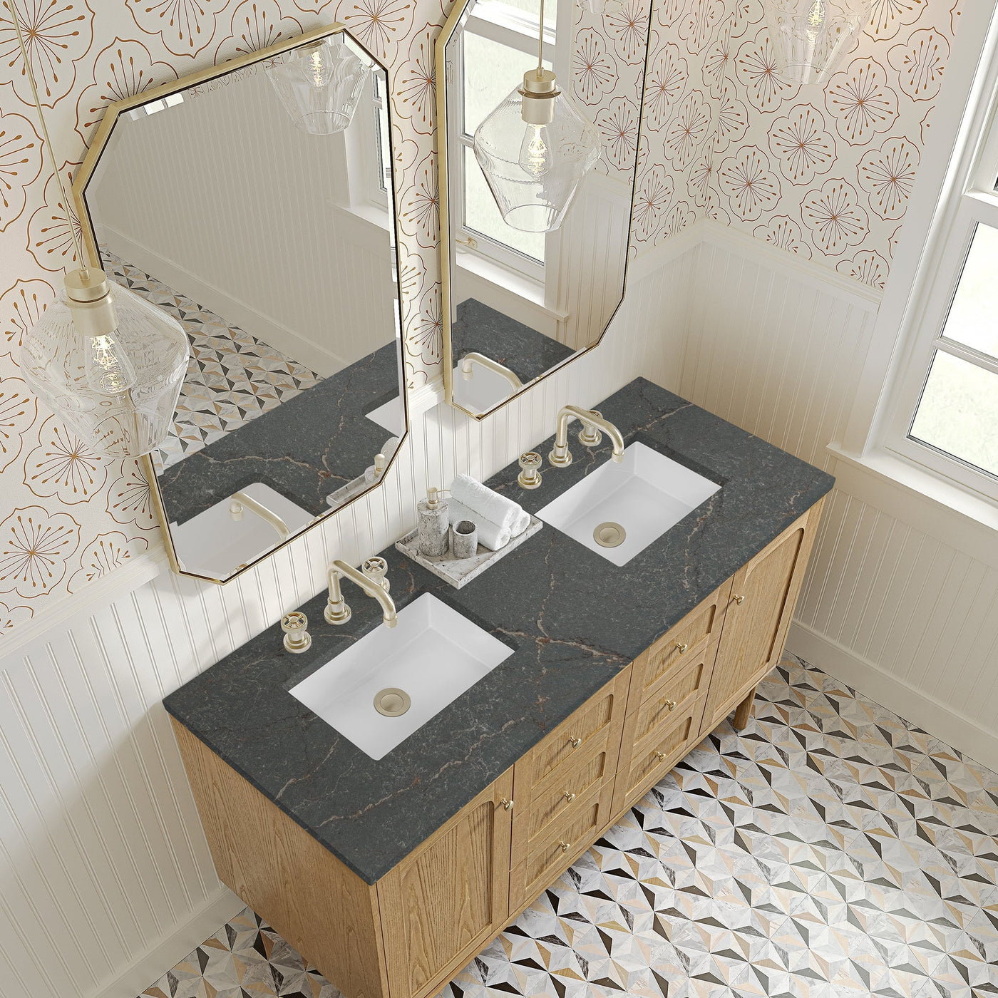 James Martin Laurent 60" Dual Mount Double Bathroom Vanity, Light Natural Oak with Parisien Bleu countertop