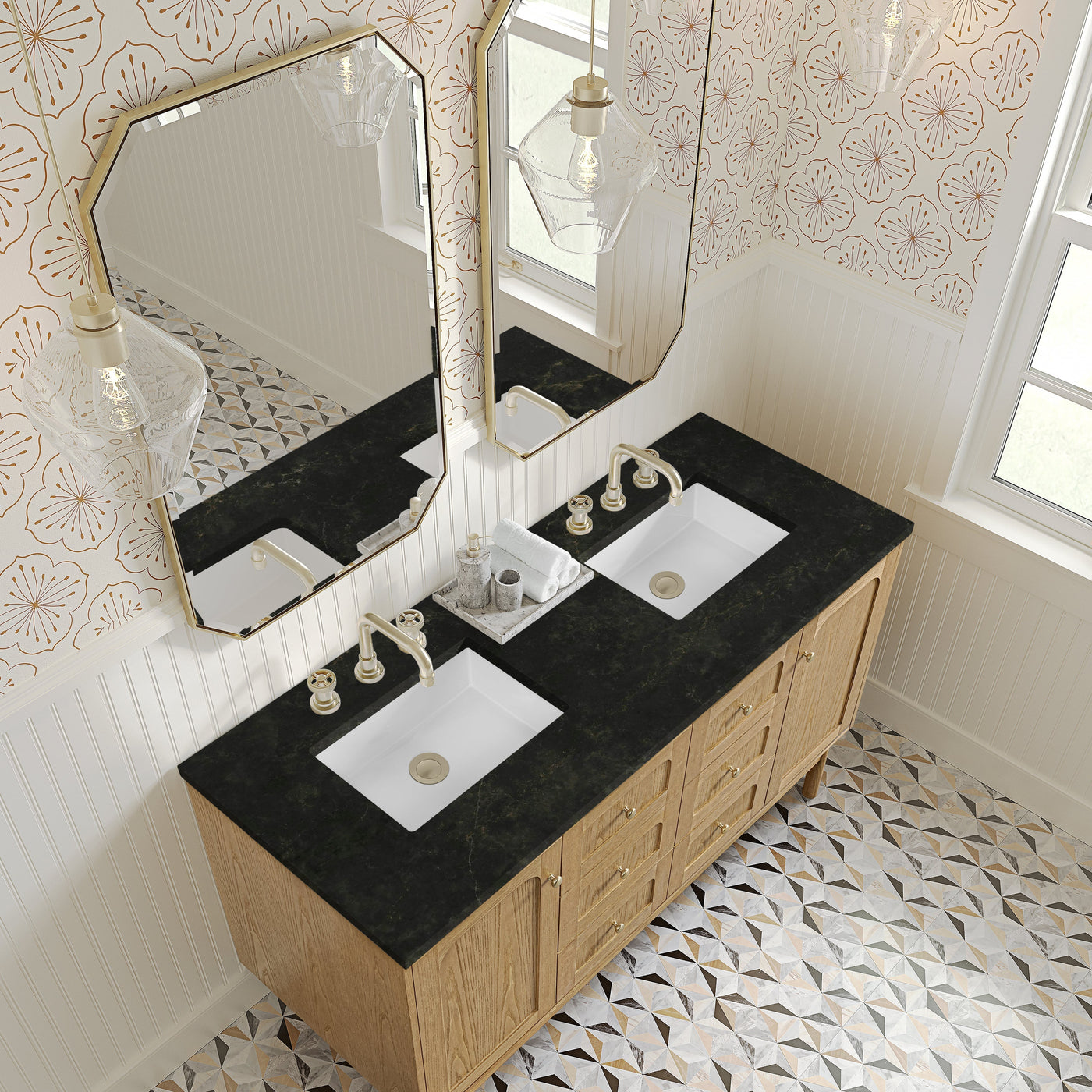 James Martin Laurent 60" Dual Mount Double Bathroom Vanity, Light Natural Oak with Phantome countertop