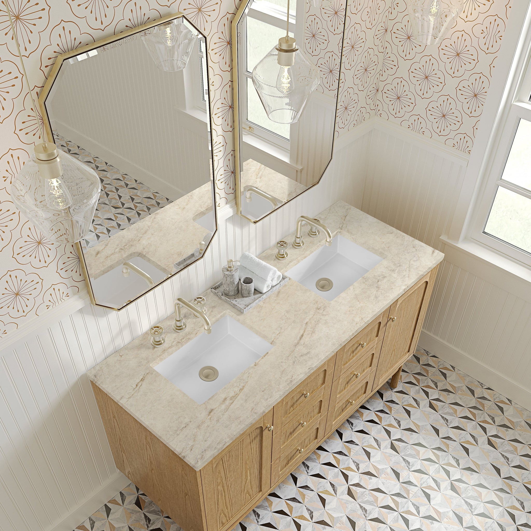 James Martin Laurent 60" Dual Mount Double Bathroom Vanity, Light Natural Oak with Tajnar countertop