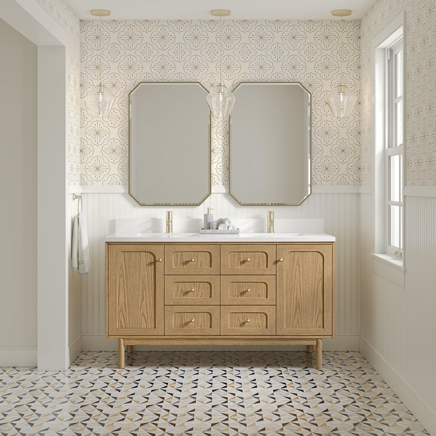 James Martin Laurent 60" Dual Mount Double Bathroom Vanity, Light Natural Oak with White Zeus (Single Hole, with Backsplash) countertop