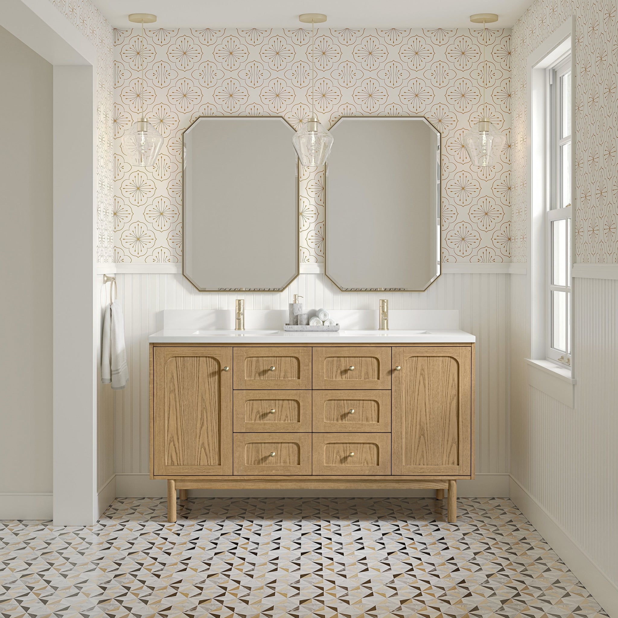 James Martin Laurent 60" Dual Mount Double Bathroom Vanity, Light Natural Oak with White Zeus (Single Hole, with Backsplash) countertop