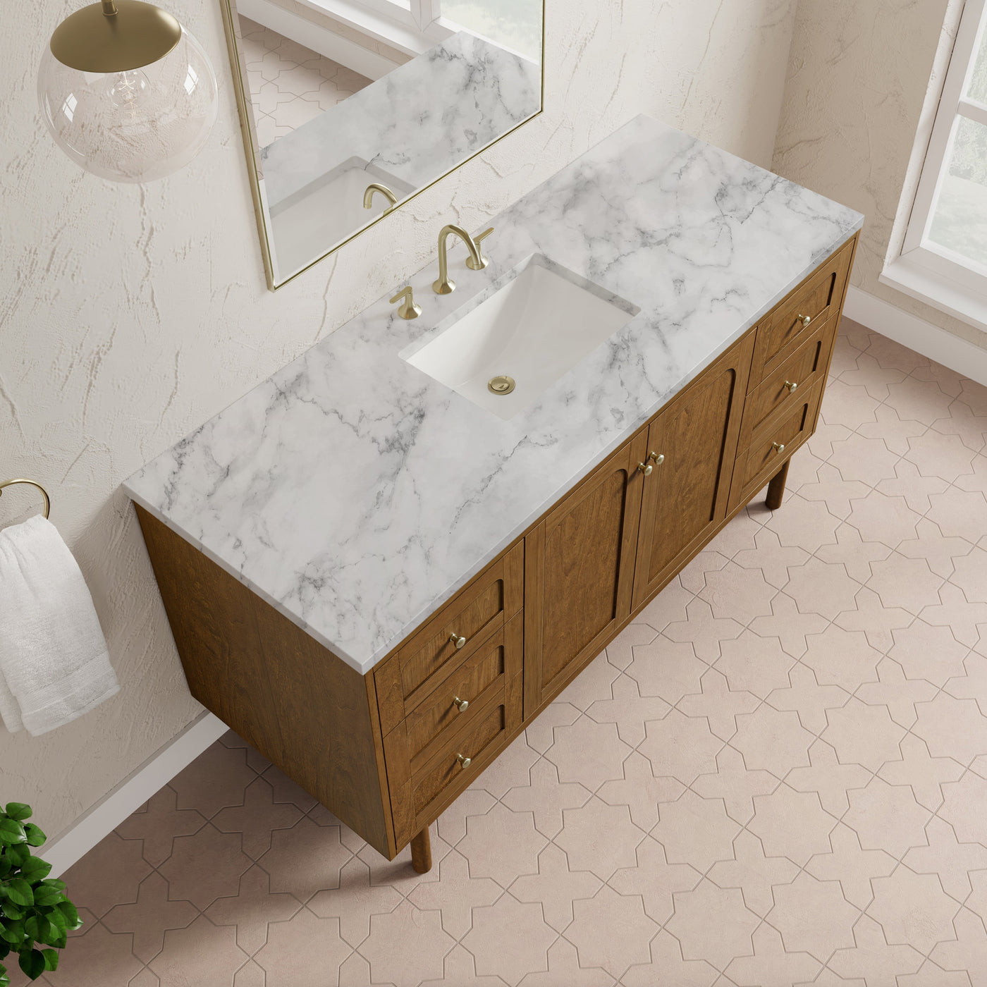 James Martin Laurent 60" Dual Mount Single Bathroom Vanity, Honey Oak with Carrara White countertop