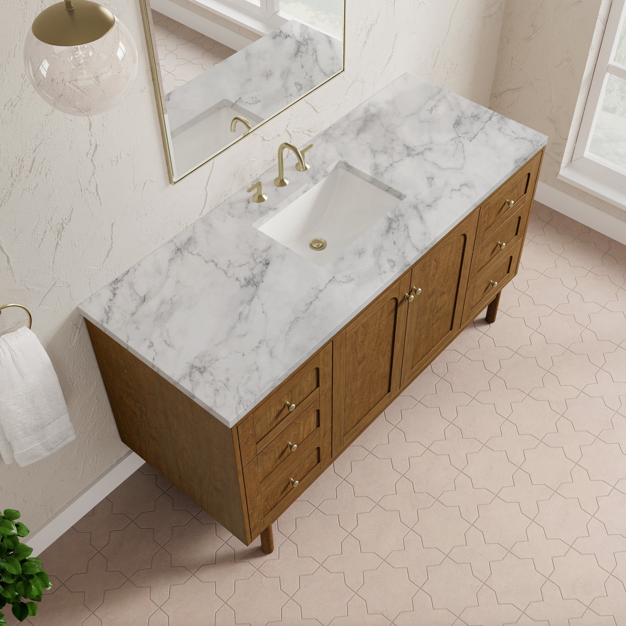James Martin Laurent 60" Dual Mount Single Bathroom Vanity, Honey Oak with Carrara White countertop