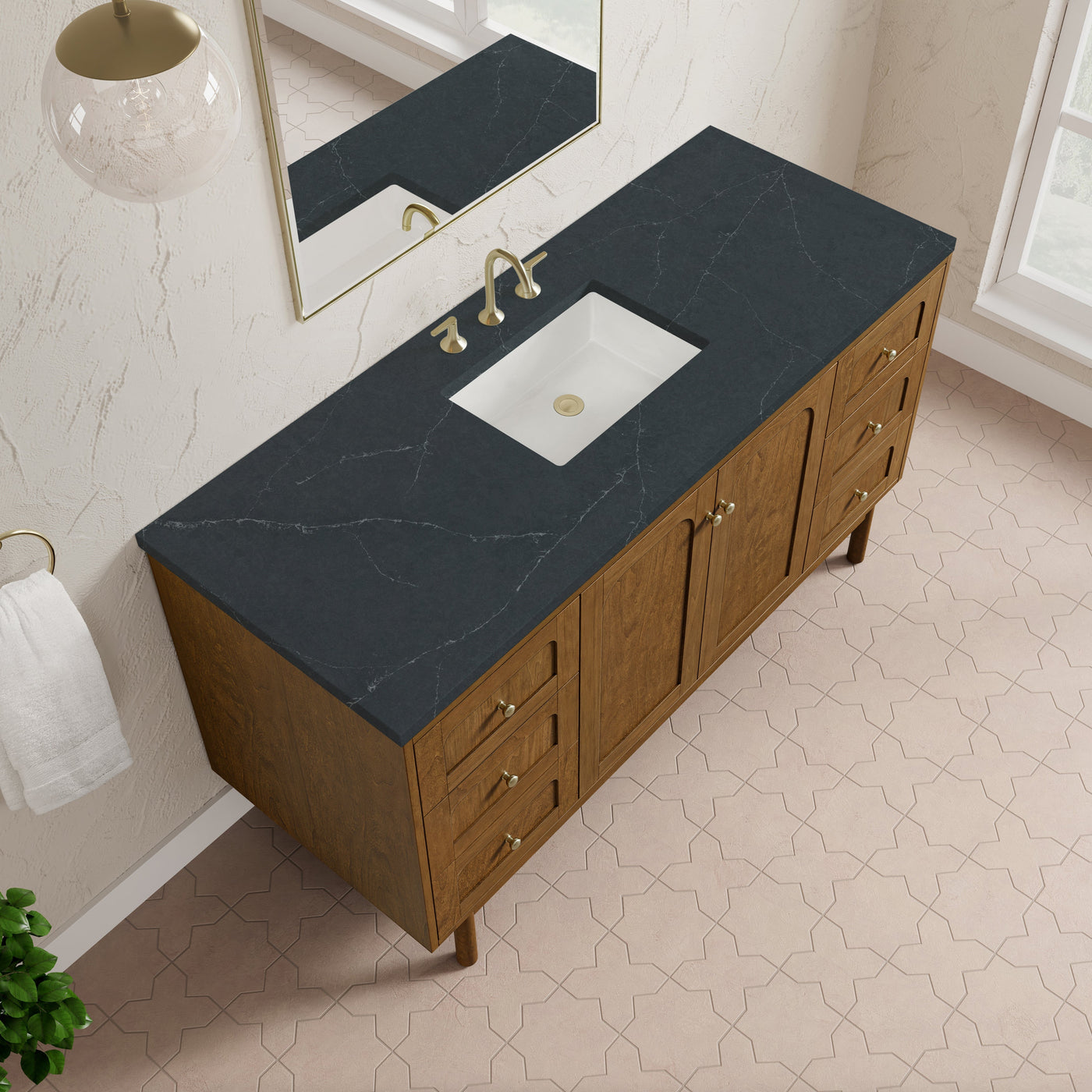 James Martin Laurent 60" Dual Mount Single Bathroom Vanity, Honey Oak with Charcoal Soapstone countertop