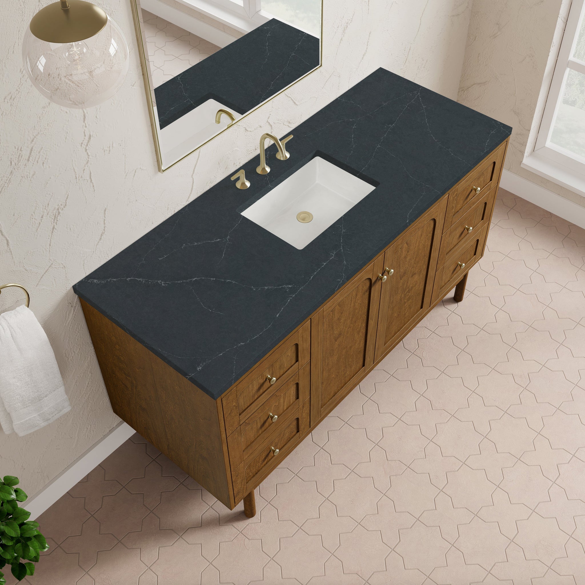 James Martin Laurent 60" Dual Mount Single Bathroom Vanity, Honey Oak with Charcoal Soapstone countertop