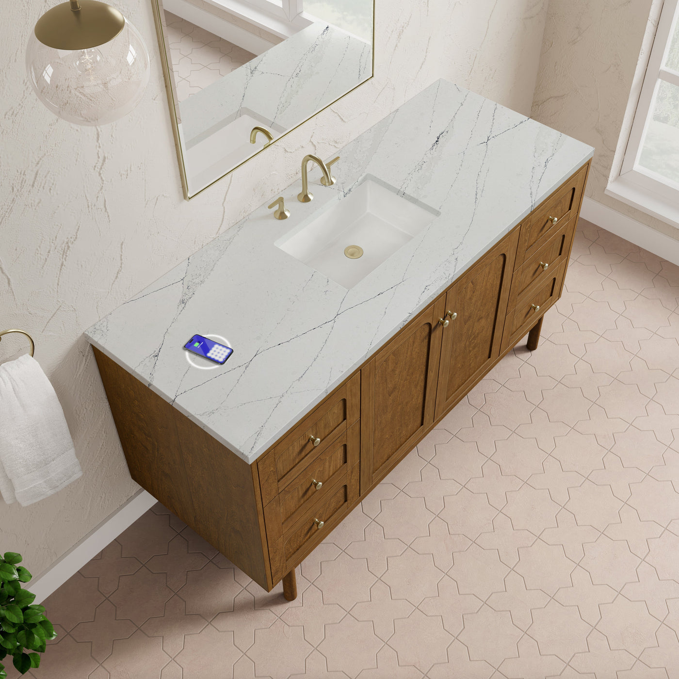 James Martin Laurent 60" Dual Mount Single Bathroom Vanity, Honey Oak with Ethereal Noctis (FreePower) countertop