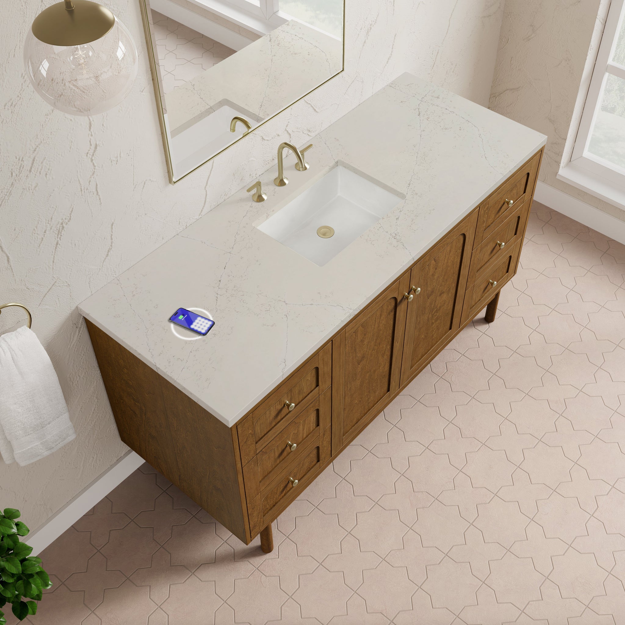James Martin Laurent 60" Dual Mount Single Bathroom Vanity, Honey Oak with Siberian (FreePower) countertop