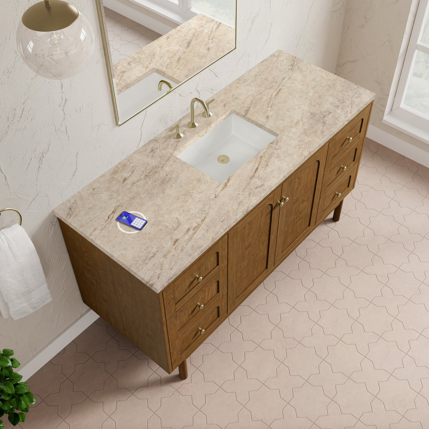 James Martin Laurent 60" Dual Mount Single Bathroom Vanity, Honey Oak with Tajnar (FreePower) countertop