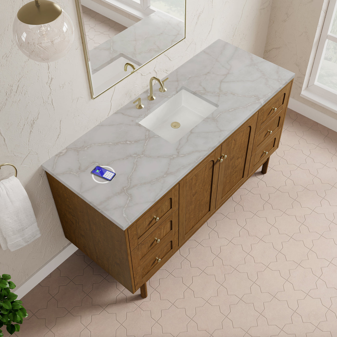James Martin Laurent 60" Dual Mount Single Bathroom Vanity, Honey Oak with Victorian Silver (FreePower) countertop