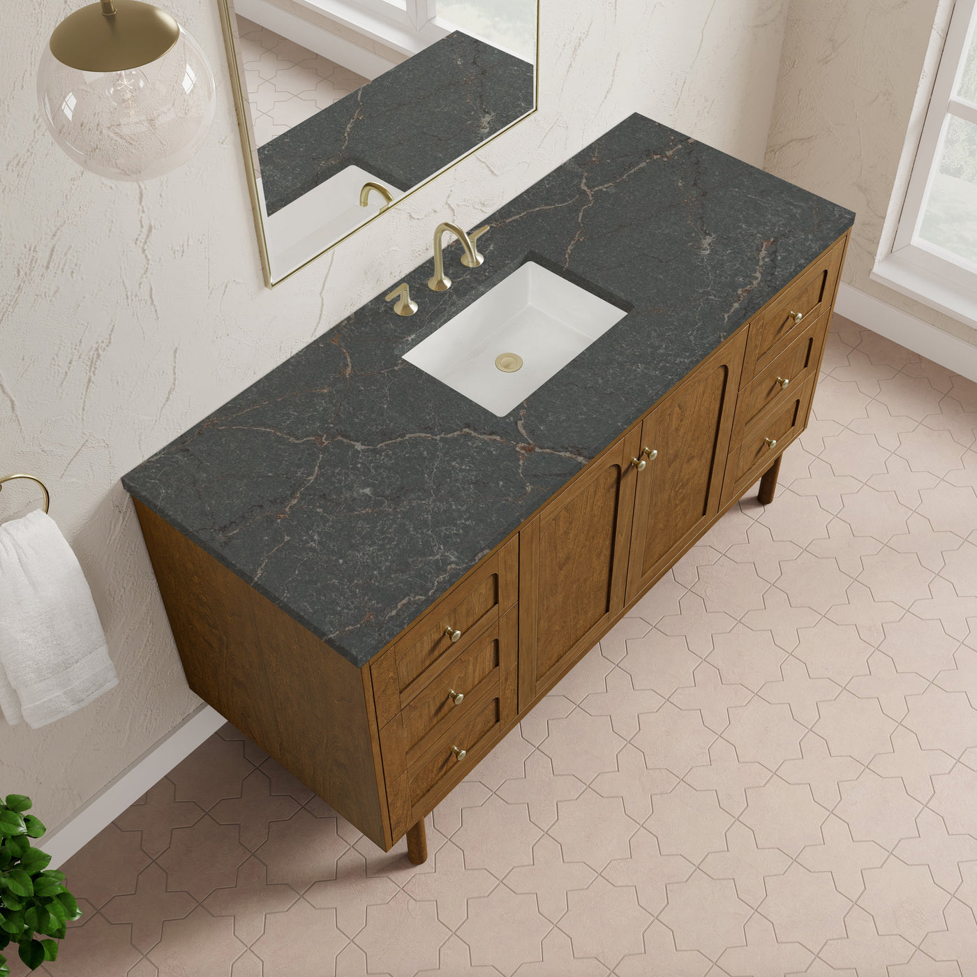 James Martin Laurent 60" Dual Mount Single Bathroom Vanity, Honey Oak with Parisien Bleu countertop