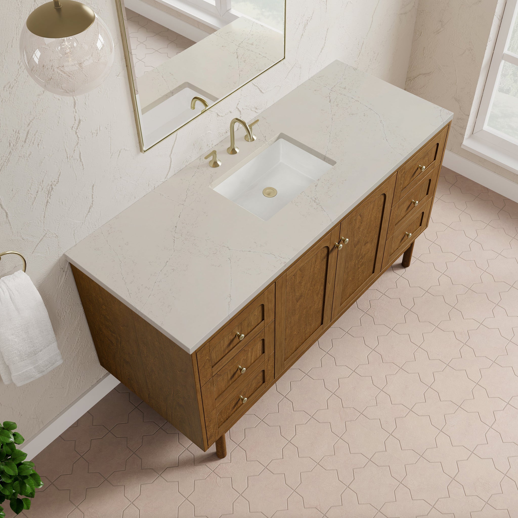 James Martin Laurent 60" Dual Mount Single Bathroom Vanity, Honey Oak with Siberian countertop