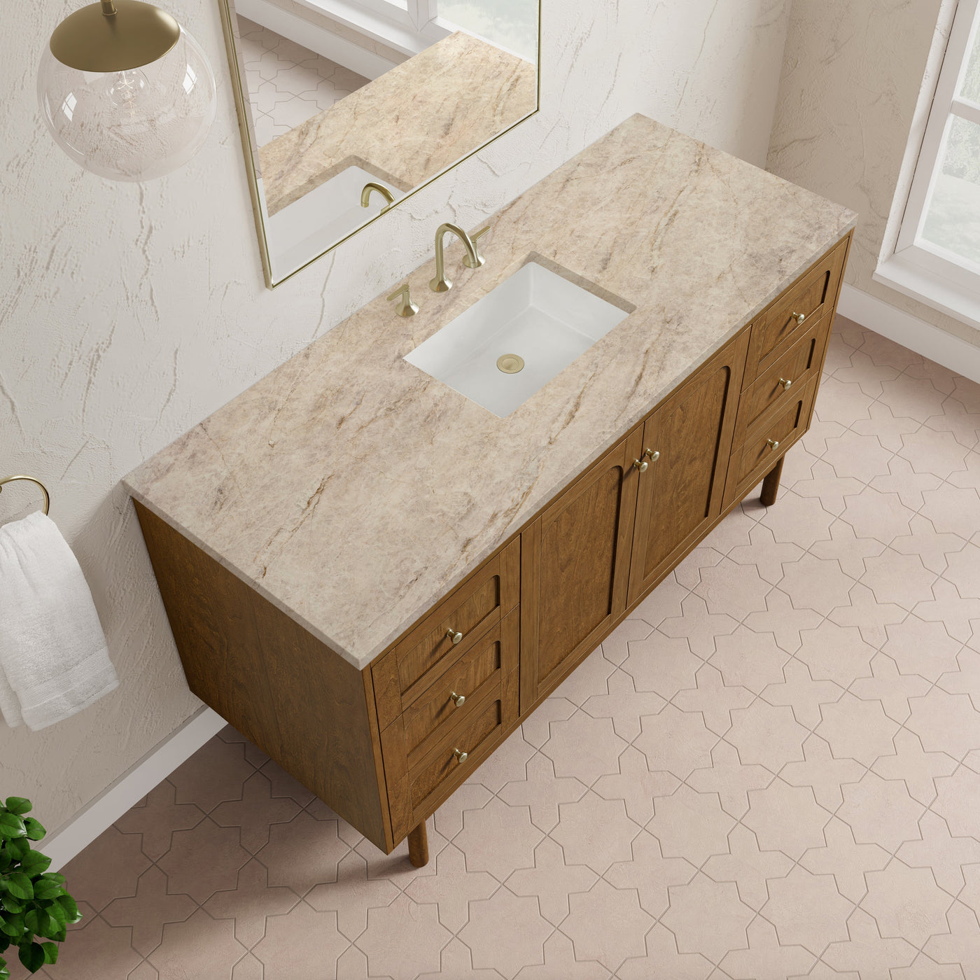 James Martin Laurent 60" Dual Mount Single Bathroom Vanity, Honey Oak with Tajnar countertop