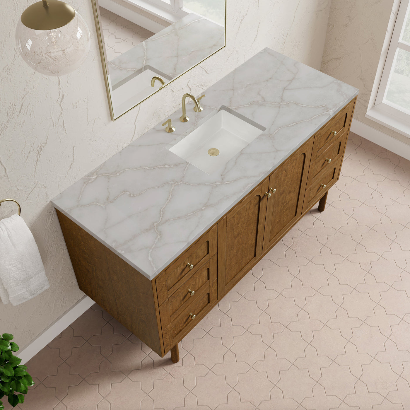 James Martin Laurent 60" Dual Mount Single Bathroom Vanity, Honey Oak with Victorian Silver countertop