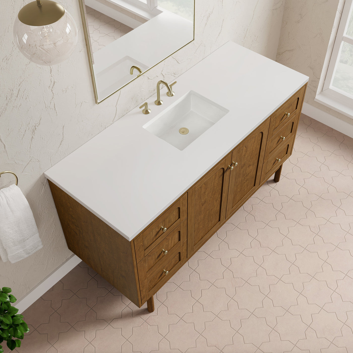 James Martin Laurent 60" Dual Mount Single Bathroom Vanity, Honey Oak with White Zeus countertop