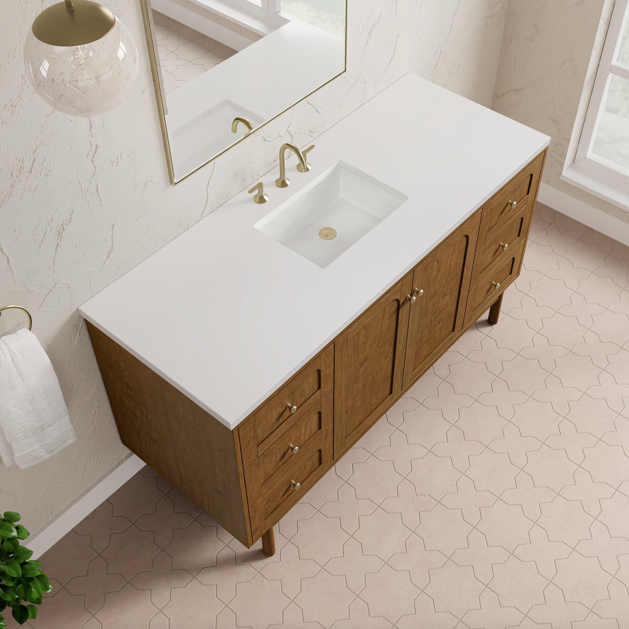 James Martin Laurent 60" Dual Mount Single Bathroom Vanity, Honey Oak with White Zeus countertop