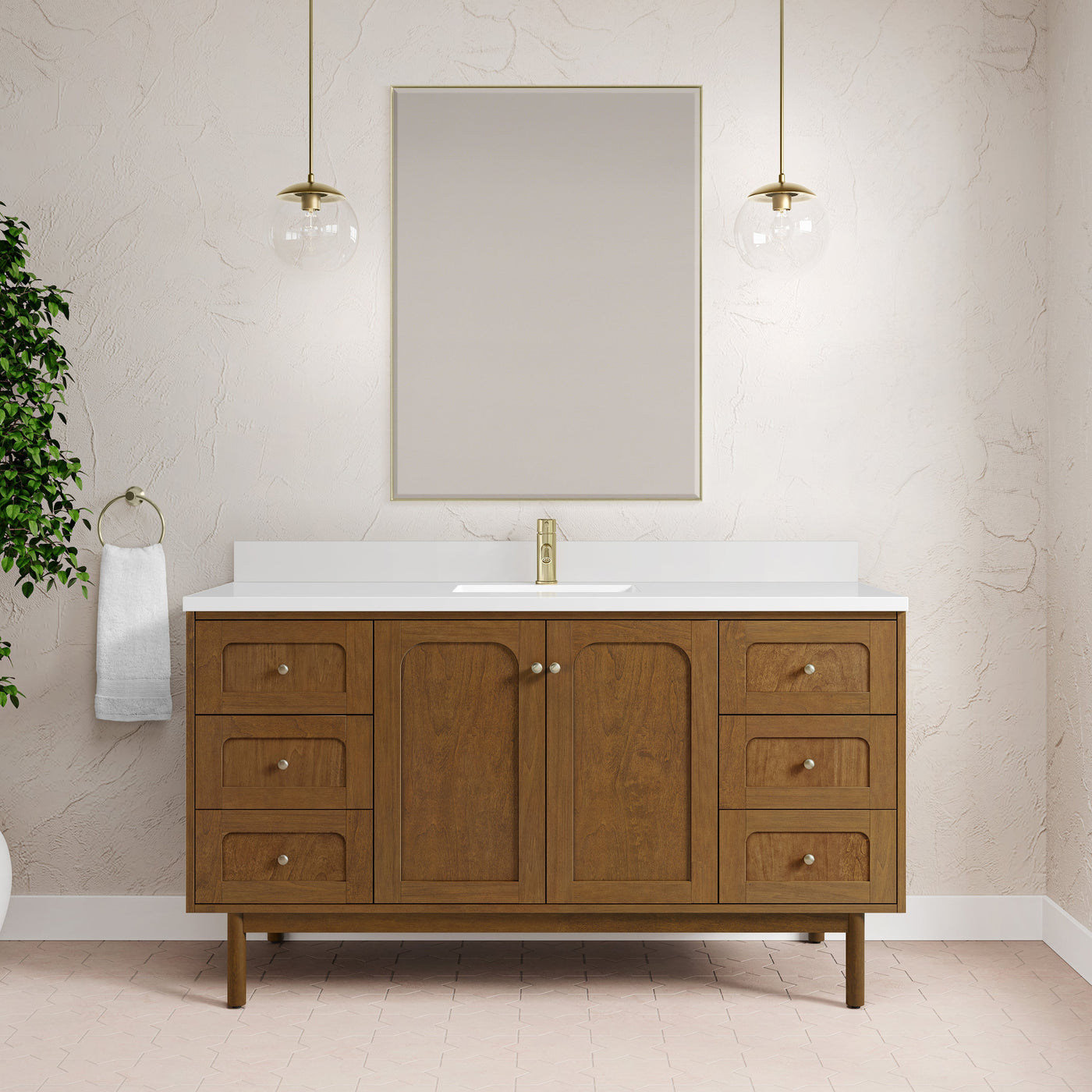 James Martin Laurent 60" Dual Mount Single Bathroom Vanity, Honey Oak with White Zeus (Single Hole) countertop