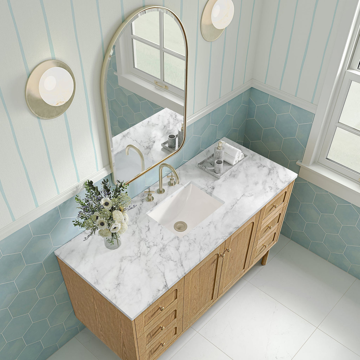 James Martin Laurent 60" Dual Mount Single Bathroom Vanity, Light Natural Oak with Carrara White countertop