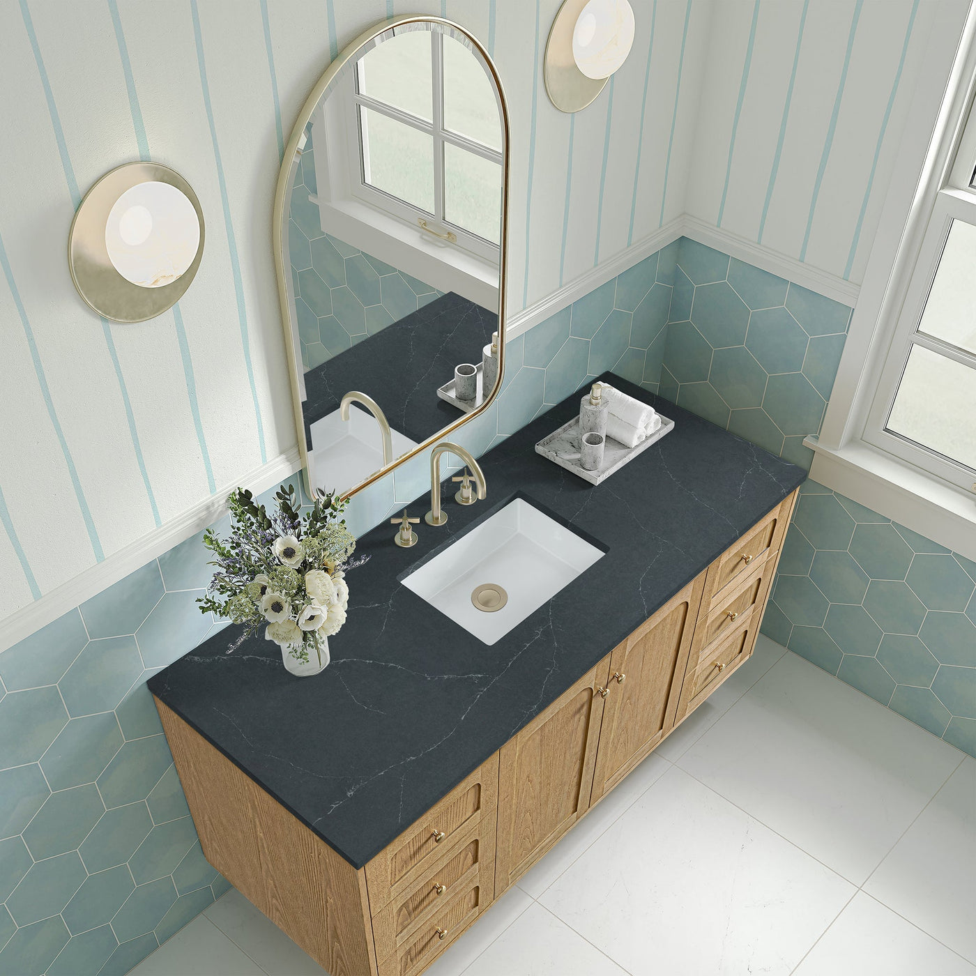James Martin Laurent 60" Dual Mount Single Bathroom Vanity, Light Natural Oak with Charcoal Soapstone countertop