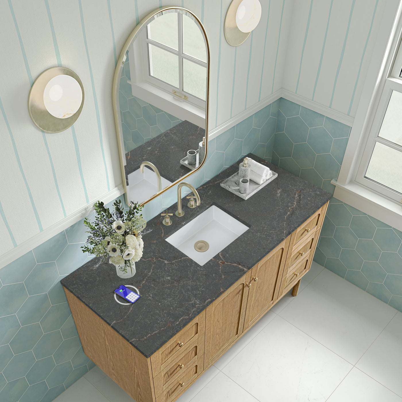 James Martin Laurent 60" Dual Mount Single Bathroom Vanity, Light Natural Oak with Parisien Bleu (Silestone, FreePower) countertop