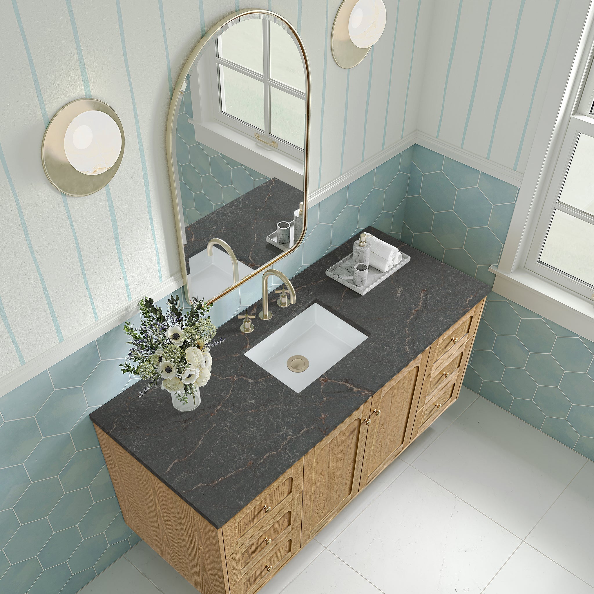 James Martin Laurent 60" Dual Mount Single Bathroom Vanity, Light Natural Oak with Parisien Bleu (Quartz) countertop