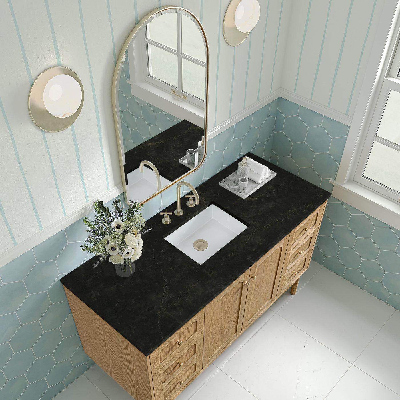 James Martin Laurent 60" Dual Mount Single Bathroom Vanity, Light Natural Oak with Phantome countertop