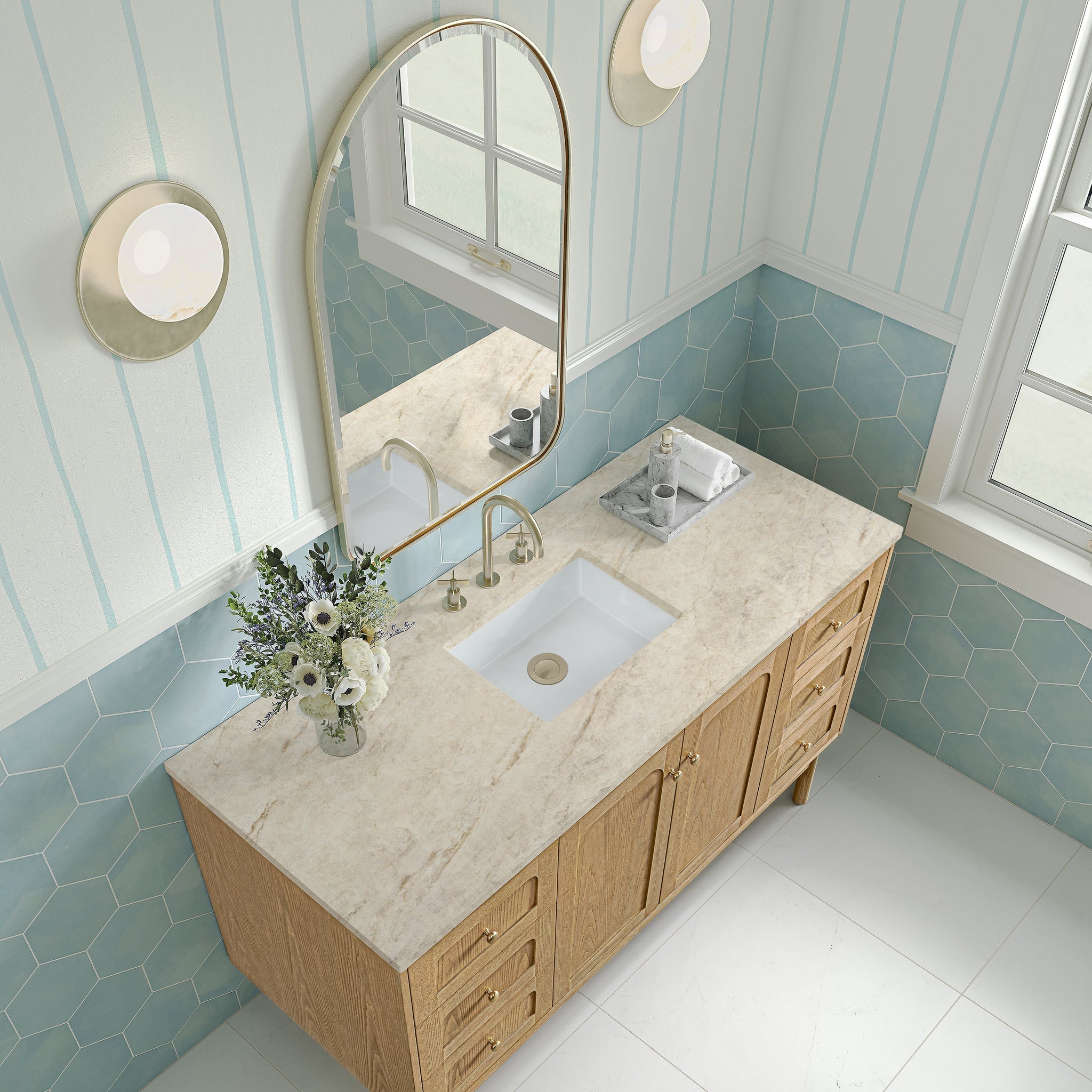 James Martin Laurent 60" Dual Mount Single Bathroom Vanity, Light Natural Oak with Tajnar countertop