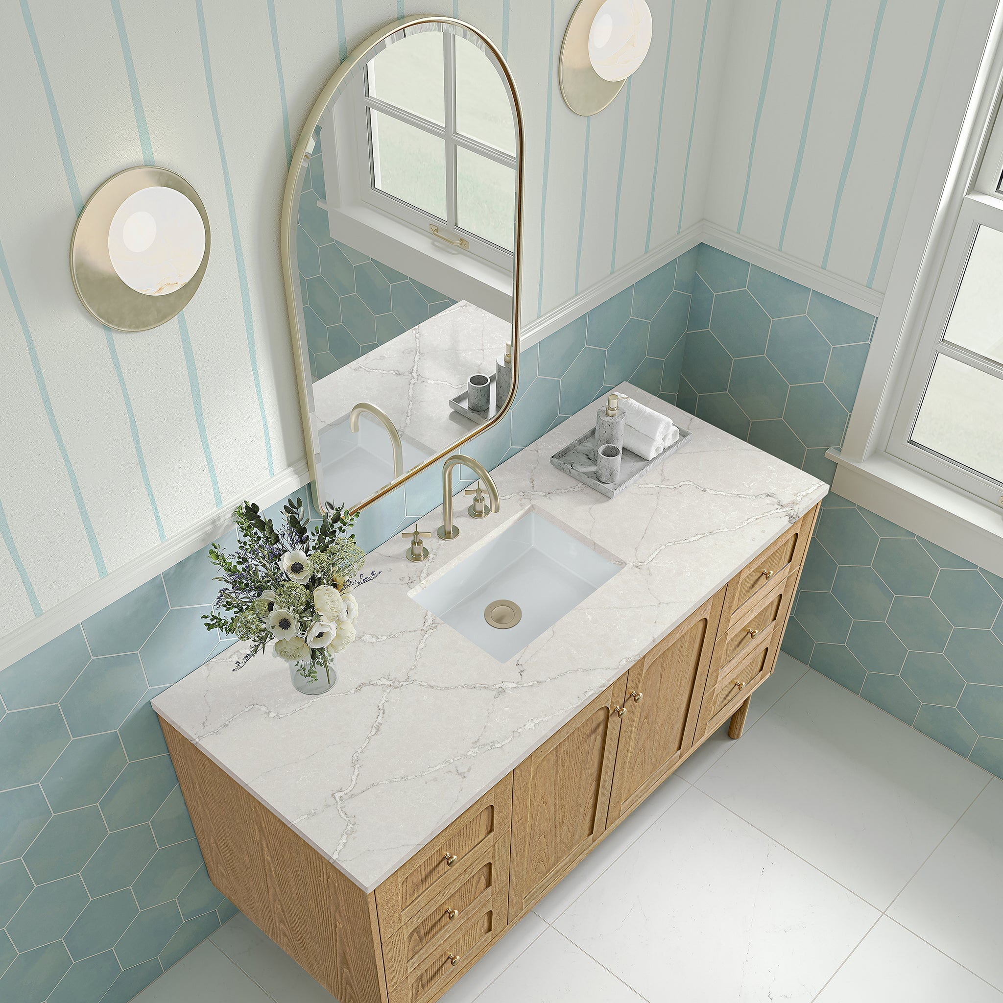 James Martin Laurent 60" Dual Mount Single Bathroom Vanity, Light Natural Oak with Victorian Silver (Quartz) countertop